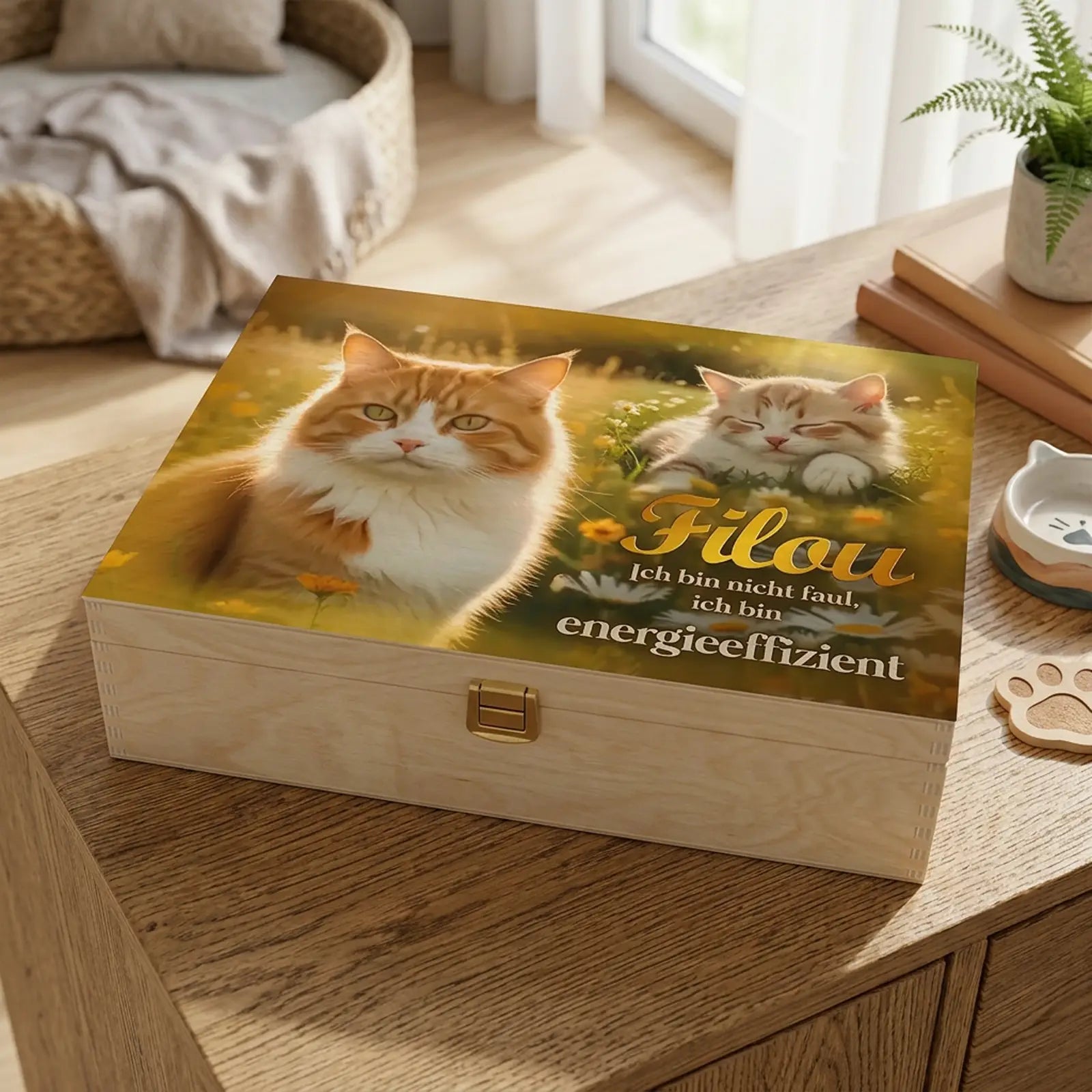 Personalisierte Holzbox mit Katzenfoto, Name Filou und humorvollem Spruch als Geschenk für Tierfreunde