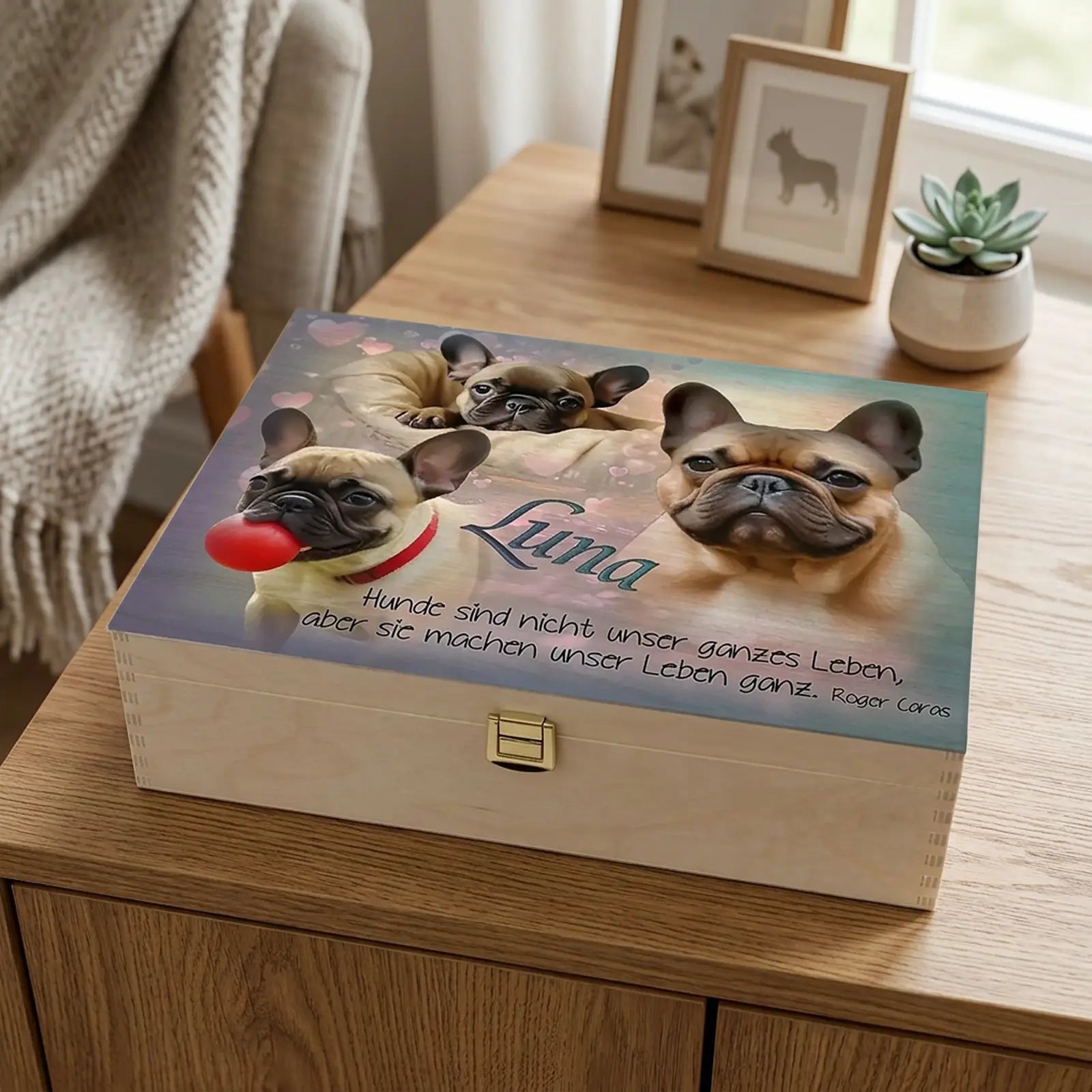 Personalisierte Holzbox mit Hund Luna, mehreren Haustierfotos und liebevollem Spruch als Geschenk für Tierfreunde