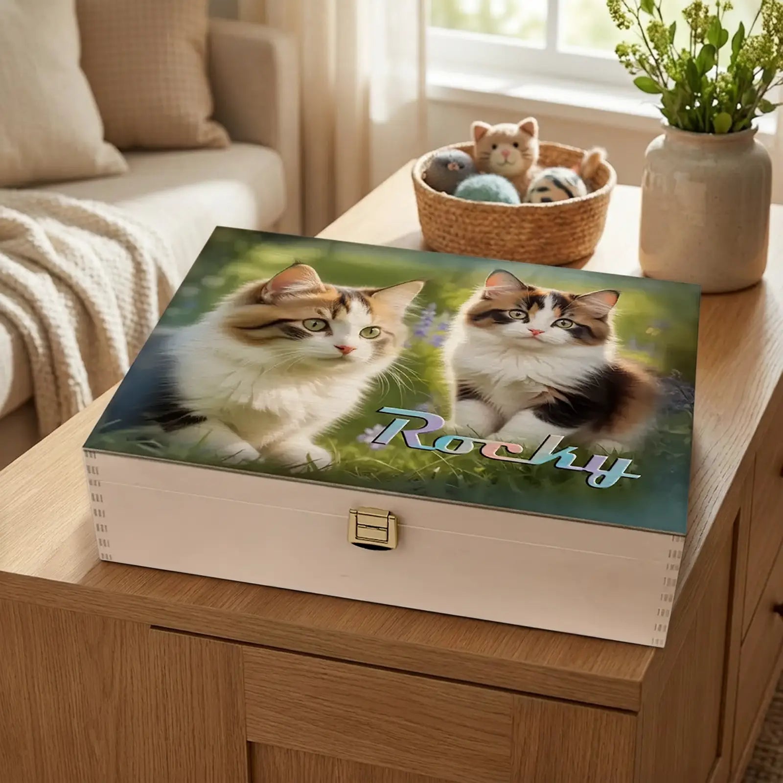 Personalisierte Holzbox mit Katze Rocky, zwei Katzenfotos und Naturmotiv als Geschenk für Tierfreunde