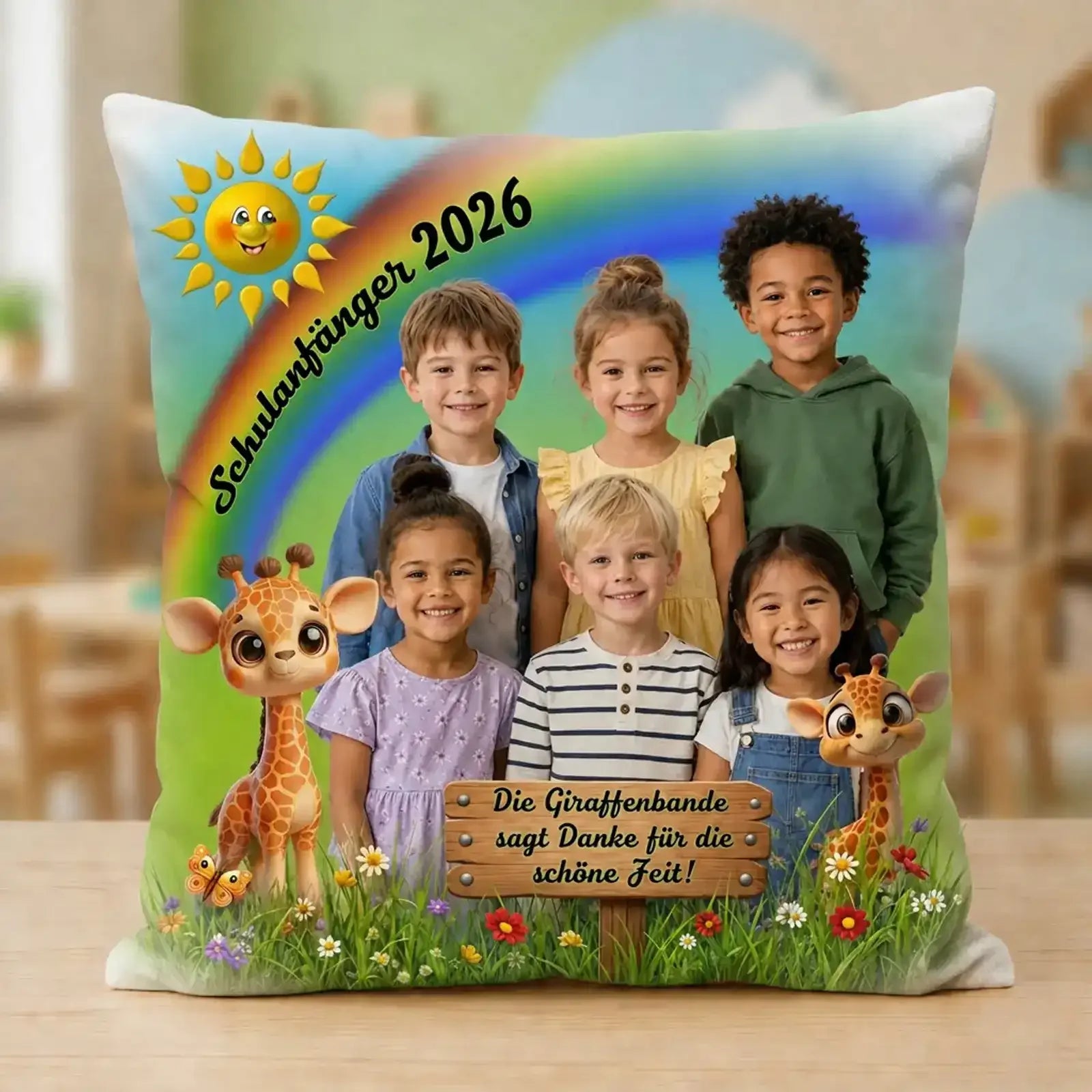 Geschenk zum Kindergarten-Abschied – Fotokissen mit Gruppenfoto von Grundschulkindern und lustigen Tiermotiven.