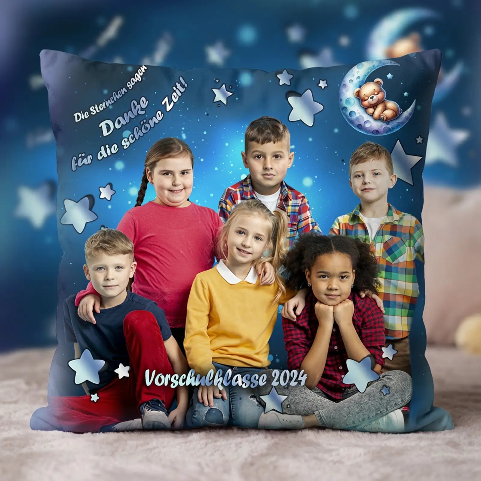 Fotokissen mit Sternenhimmel und Kindern – Kita Abschied Geschenk