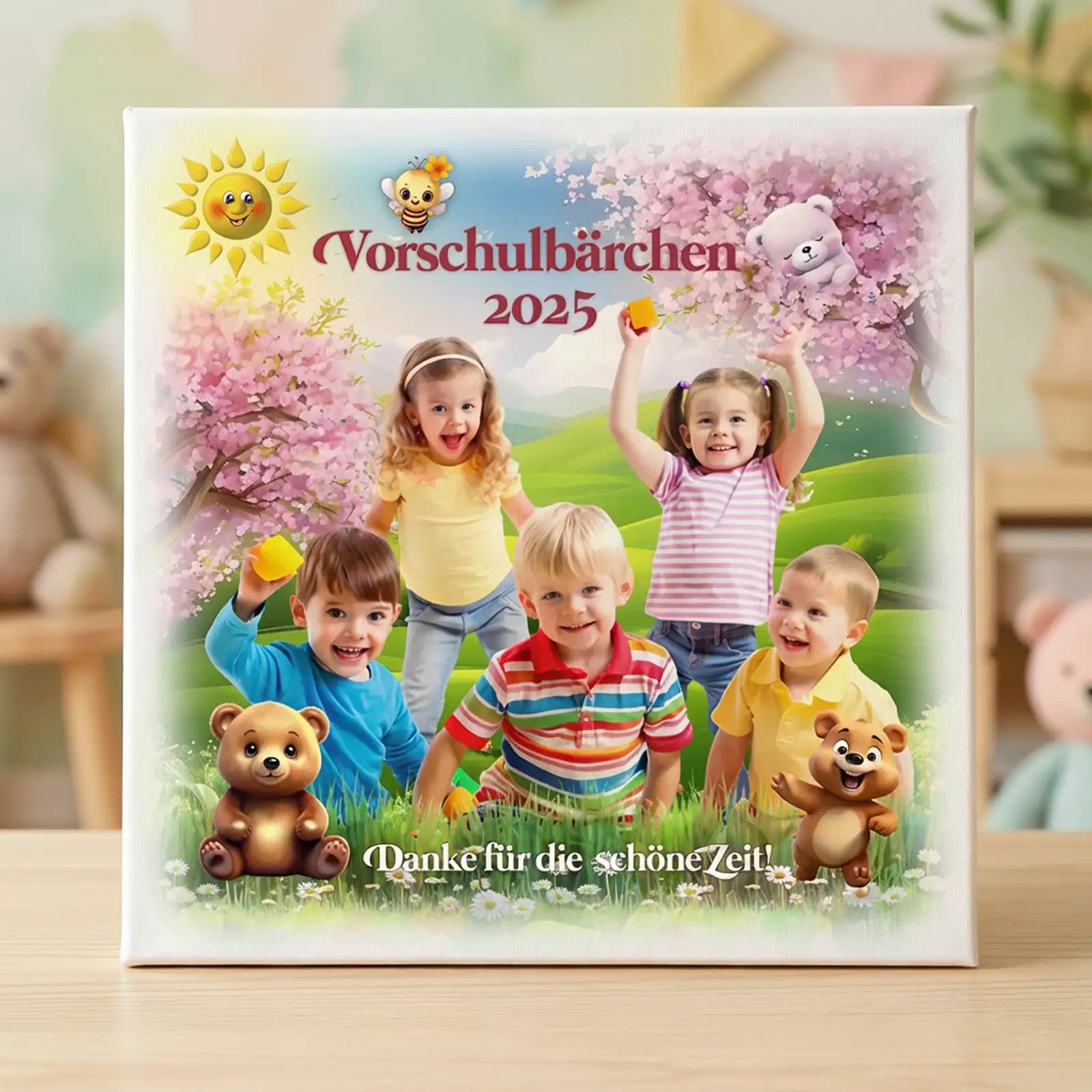 Geschenk für Betreuer und Betreuerinnen - Leinwand Vorschulbärchen 2025 mit fröhlichen Kindern und Dankeschön