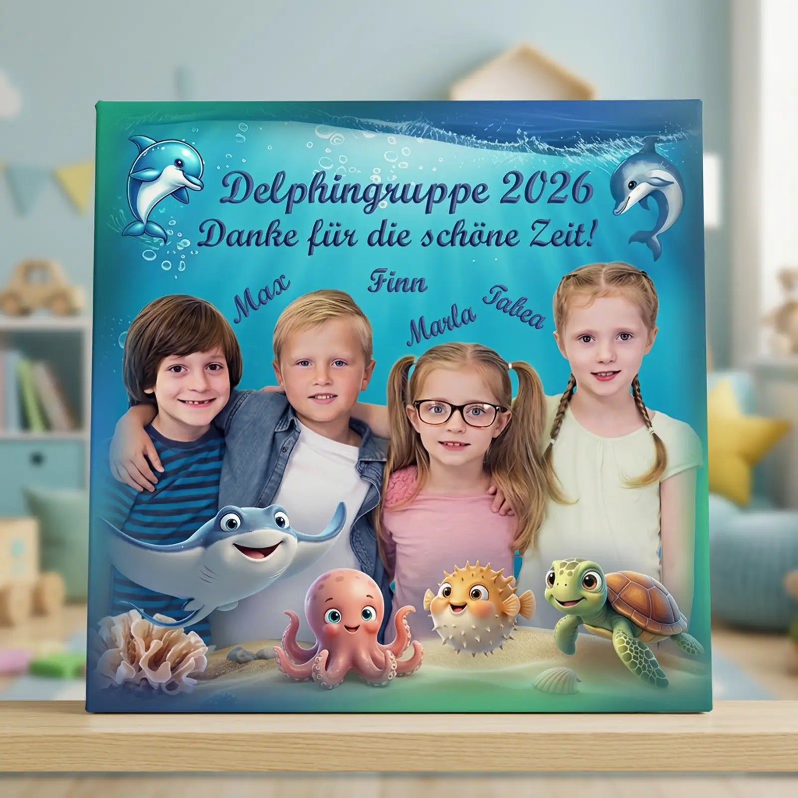 Geschenk für Betreuer und Betreuerinen - Leinwand mit Delphinmotiven und Kinderfotos für Kita Abschied 2026