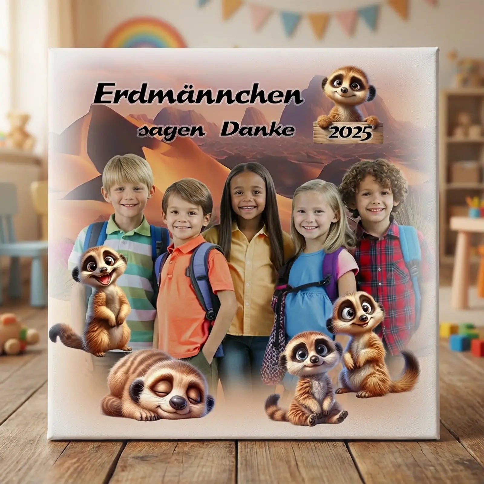 Geschenk für Betreuer und Betreuerinnen: Leinwand mit Erdmännchen und lachenden Kindern 2025