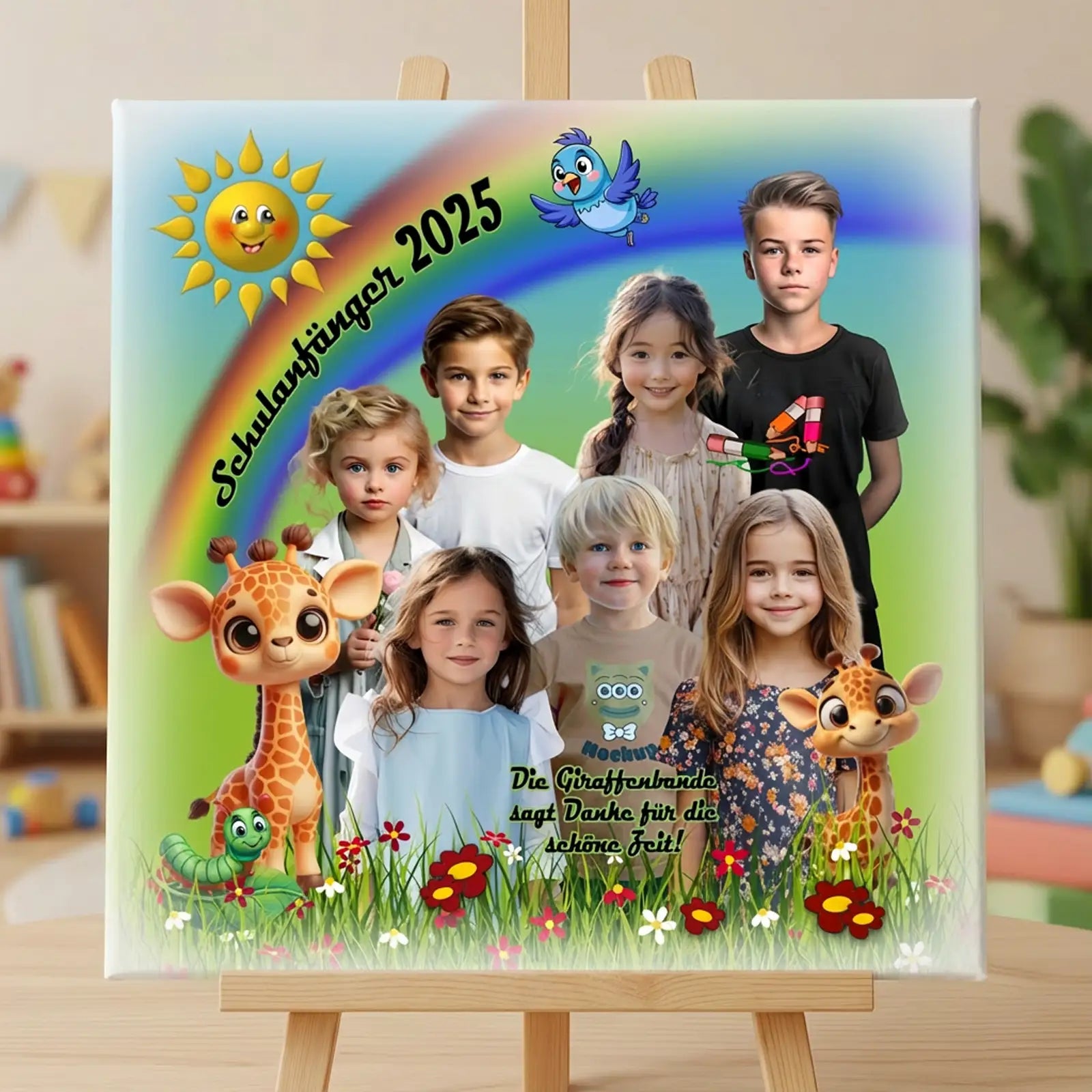 Geschenk für Betreuer und Betreuerinnen - Leinwandcollage von Kita und Schule mit Tieren und Sonnenmotiv