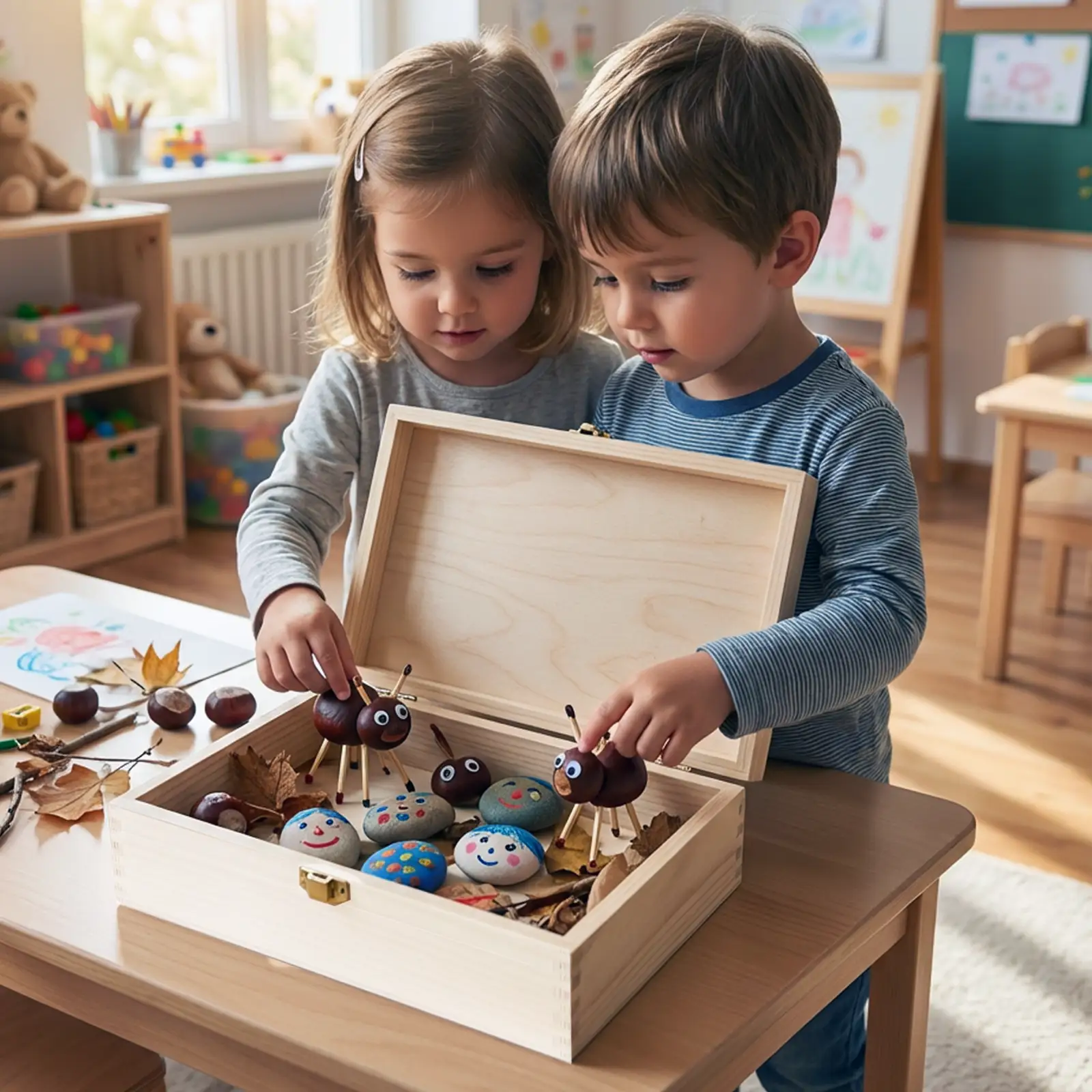 Zwei Kinder spielen mit einer Holzbox voller selbstgemachter Geschenke und Dekorationen zum Abschied aus dem Kindergarten.