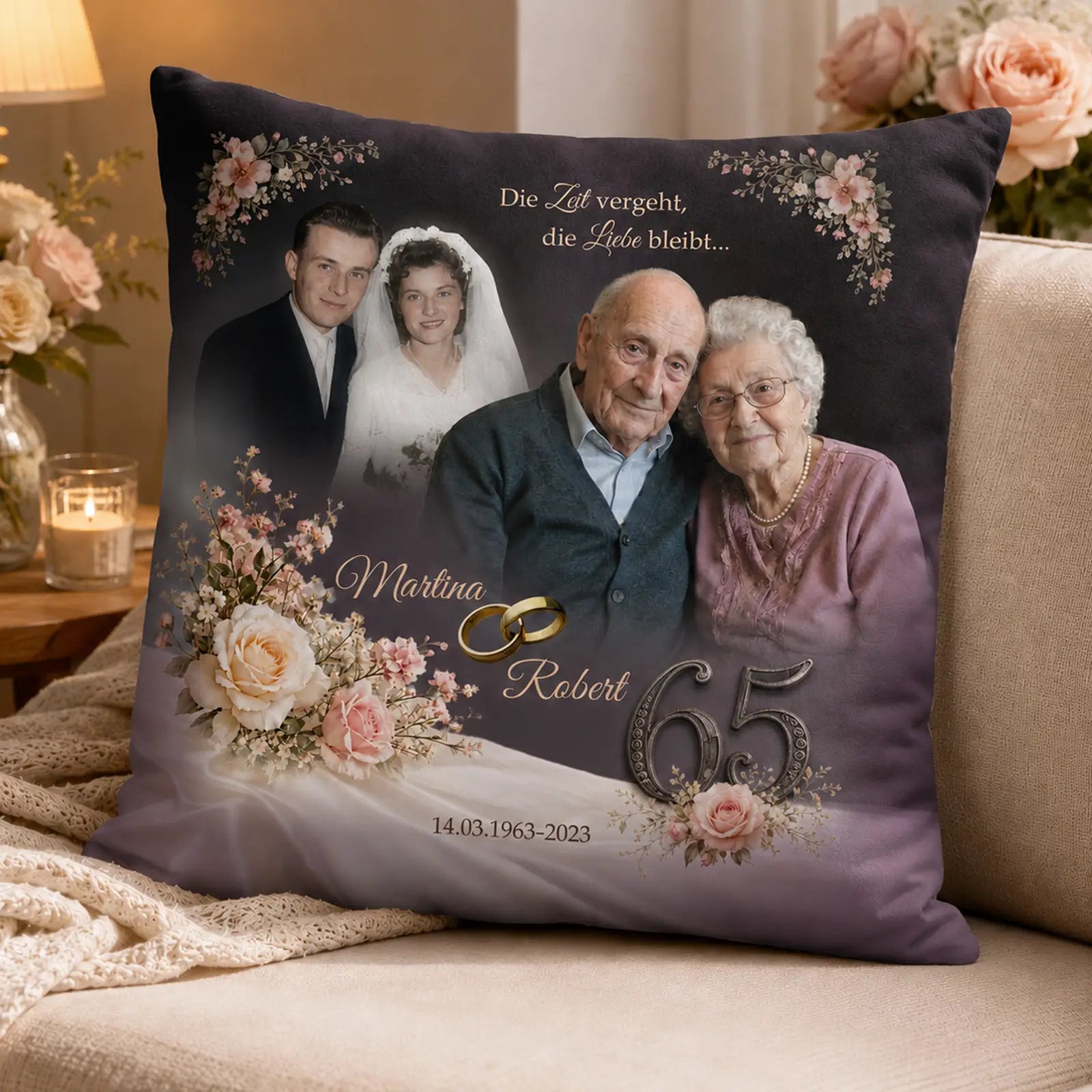 Personalisiertes Geschenk zur Eisernen Hochzeit. Liebevoll bedrucktes Kissen zum 65. Hochzeitstag mit Fotos von Damals und Heute. Sehr persönlich gestaltet mit Namen der Jubilare und Hochzeitsdatum.