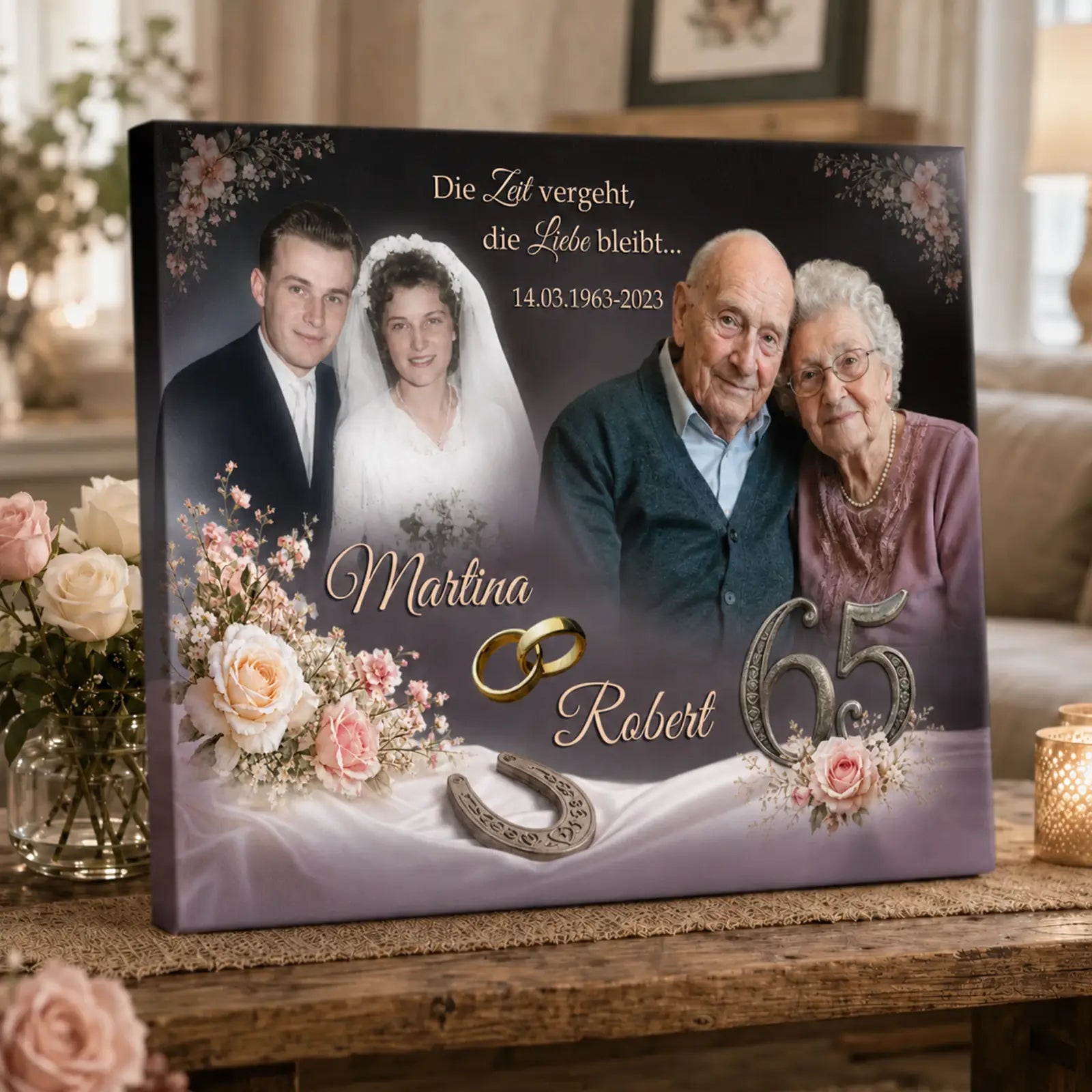 Geschenk für Jubilare zur Eisernen Hochzeit. Leinwand mit Fotos von damals und heute, Rosendekoration und Namen des Paares.