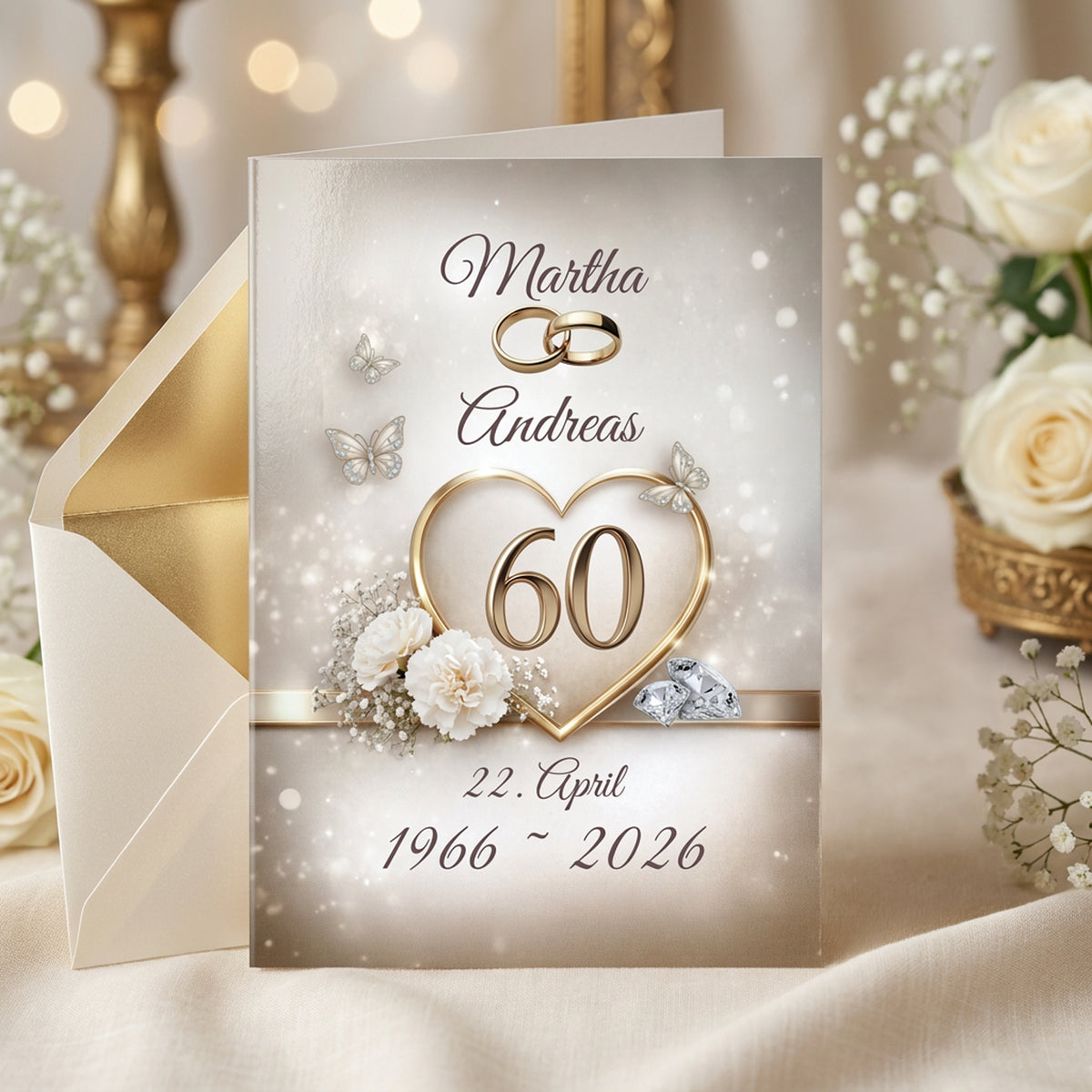 Elegante Klappkarte zur Diamantenen Hochzeit in Champagner-Gold mit Herz, Ringen, Schmetterlingen und personalisierten Namen neben goldenem Briefumschlag