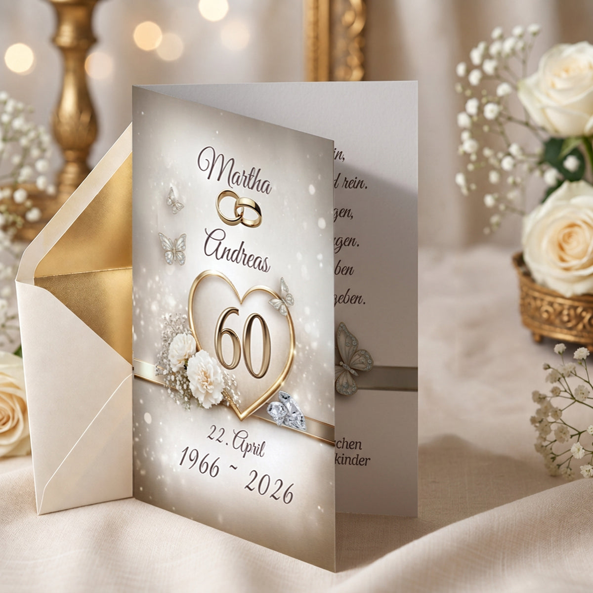 Geöffnete Grußkarte zum 60. Hochzeitstag mit Einblick auf die Innenseite für persönliche Glückwünsche und Gedichte