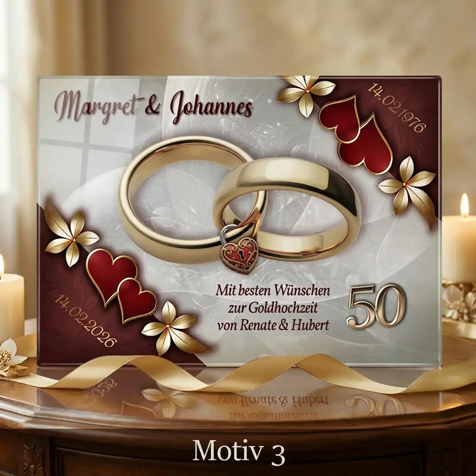 Geschenk zur Goldenen Hochzeit – personalisiertes Acrylglasbild mit Namen, Daten und Eheringen. Speziell zum 50. Hochzeitstag.