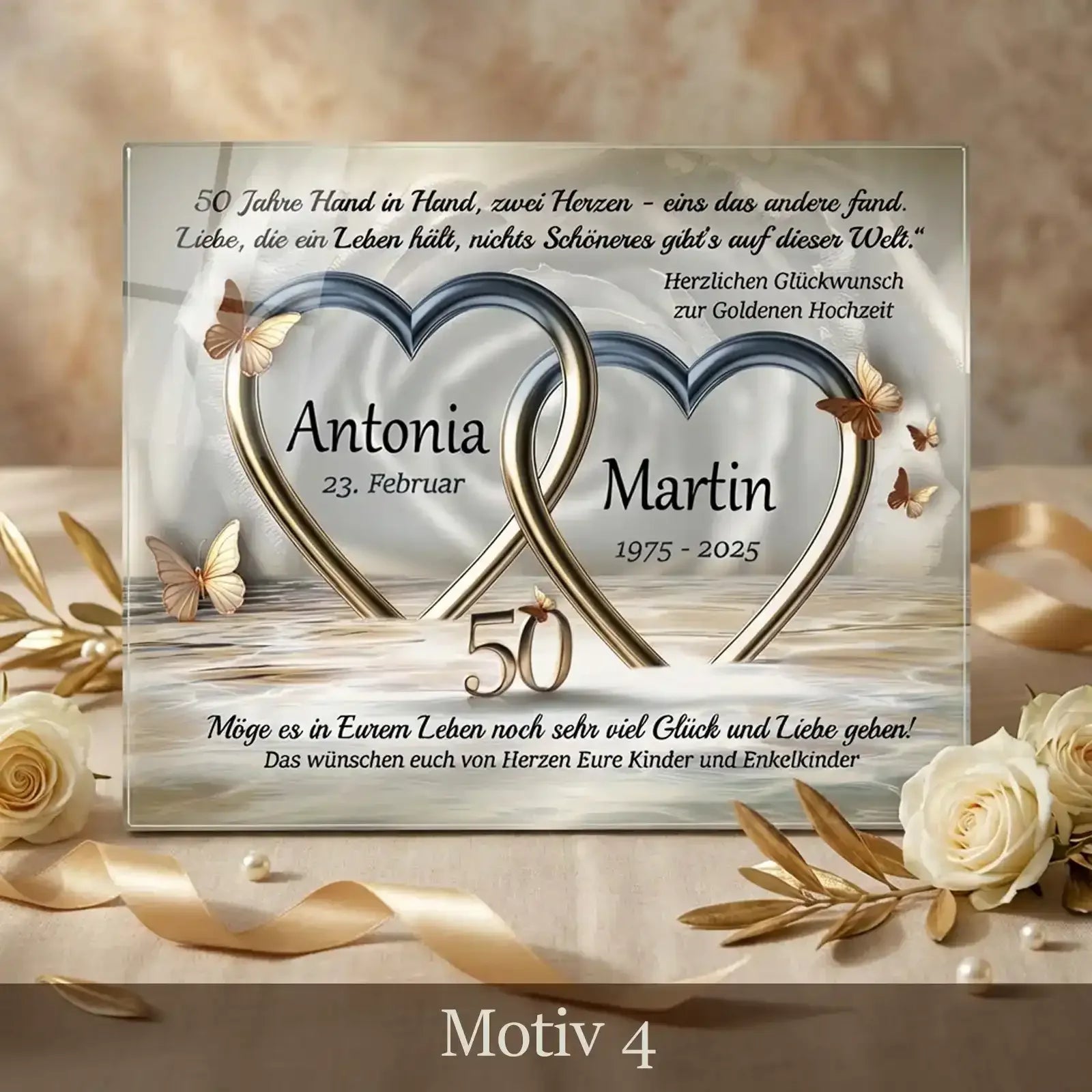 Geschenk zur Goldenen Hochzeit – personalisiertes Acrylglasbild mit Namen und Daten von Antonia und Martin. Exklusiv zum 50. Hochzeitstag.