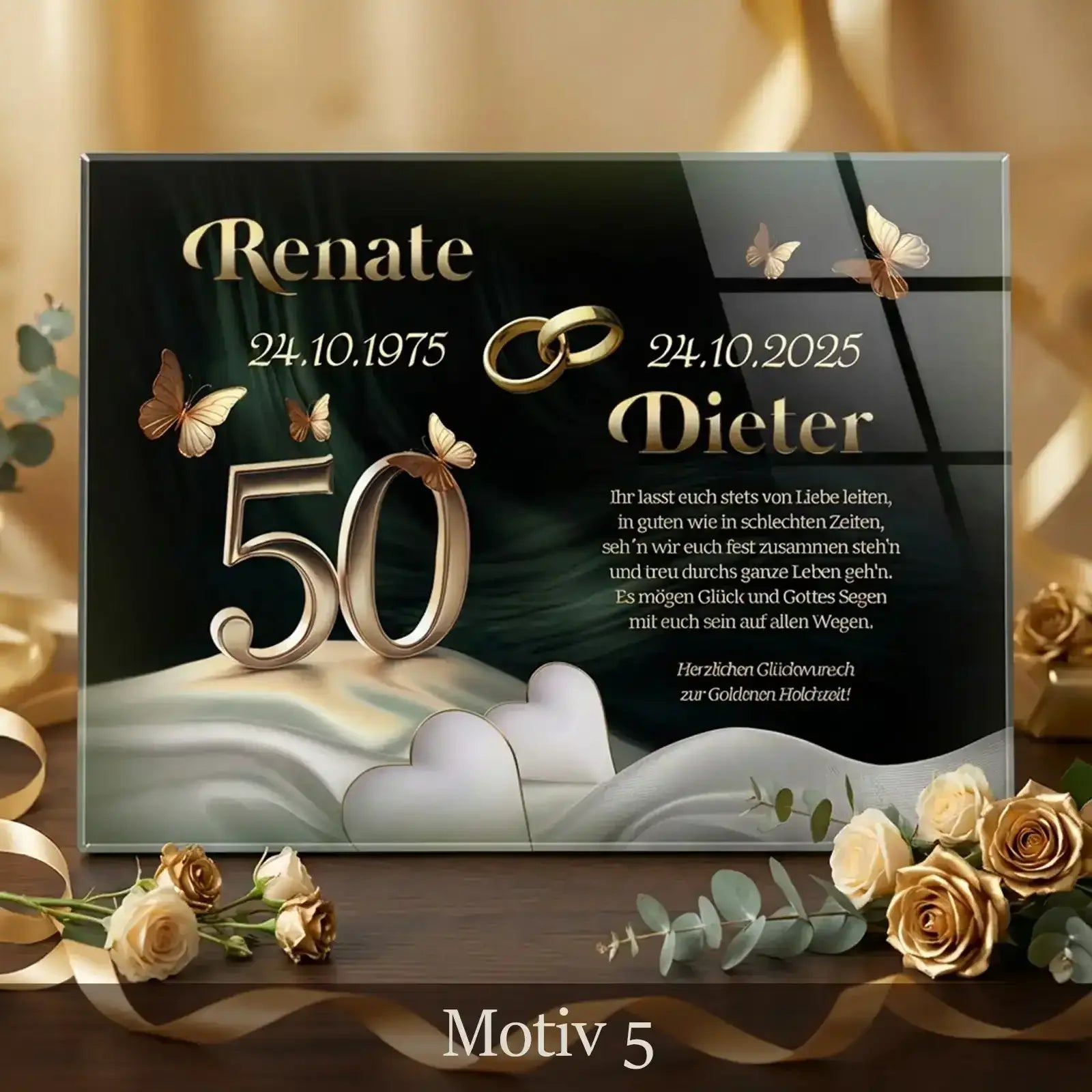 Geschenk zur Goldenen Hochzeit – personalisiertes Acrylglasbild mit Namen und Daten für Paare. Einzigartig zum 50. Hochzeitstag. Bezaubernd und speziell 