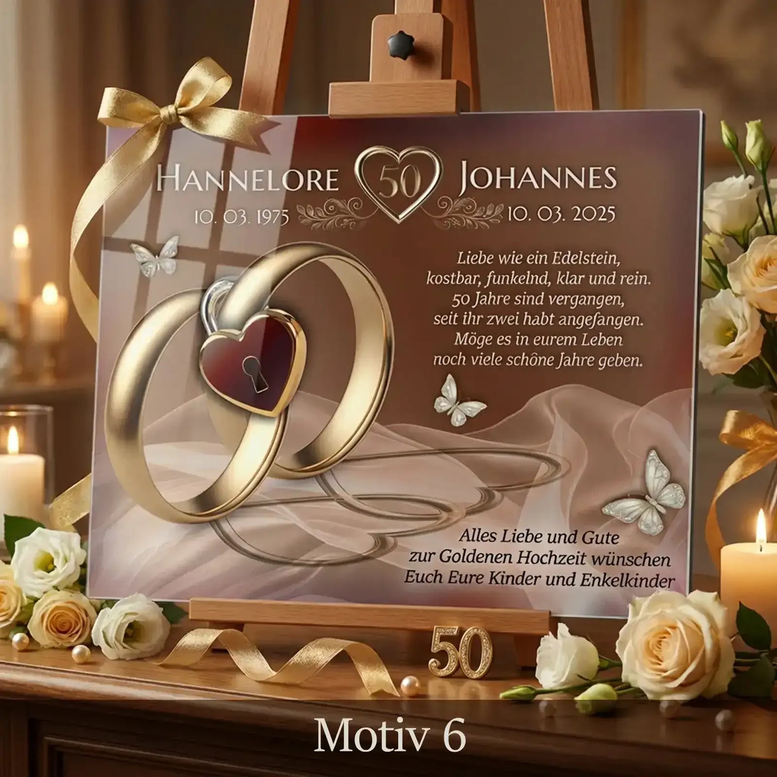 Geschenk zur Goldenen Hochzeit – personalisiertes Acrylglasbild mit Namen und Daten für Paare. Exklusiv zum 50. Hochzeitstag.