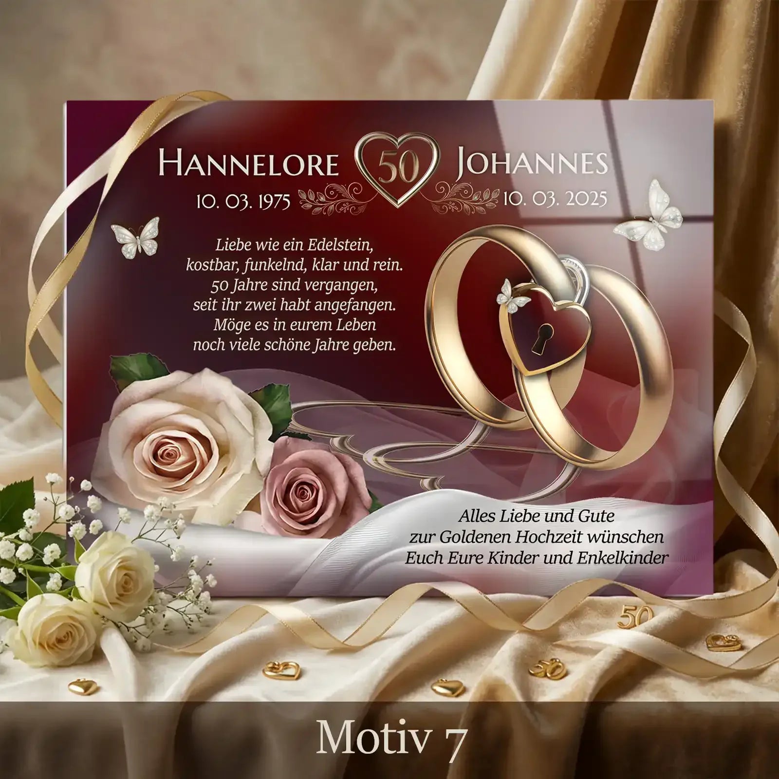Acrylglasbild zur Goldhochzeit mit goldenen Ringen, Rosenmotiv und persönlichem Text, romantisches Geschenk zum 50. Hochzeitstag.