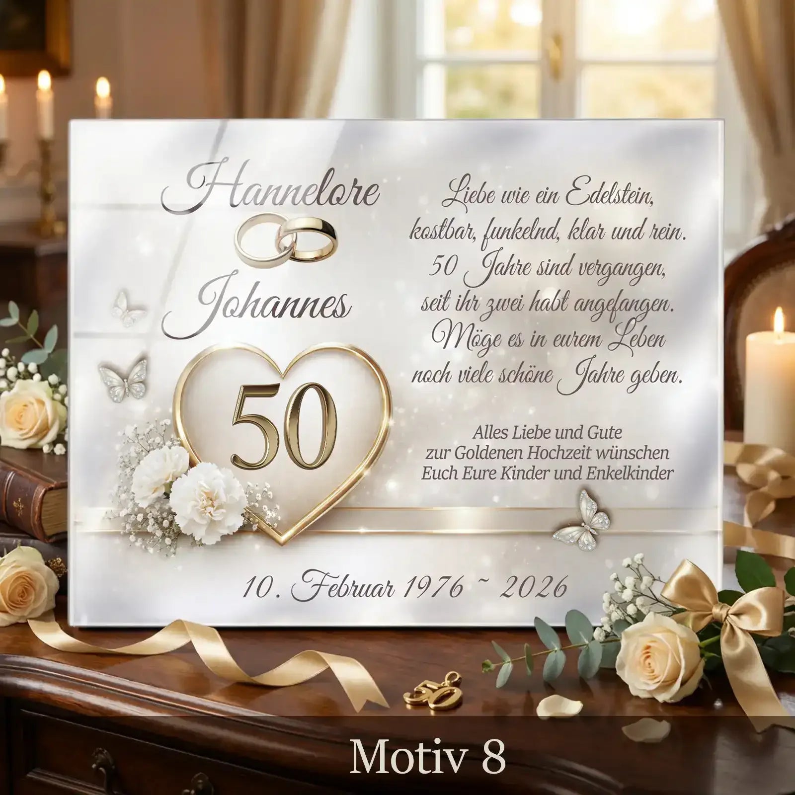 Hochwertiges Acrylglasbild zur Goldenen Hochzeit mit Herzform, goldener Zahl 50, Blumen und Widmung, stilvolles Jubiläumsgeschenk zum 50. Hochzeitstag