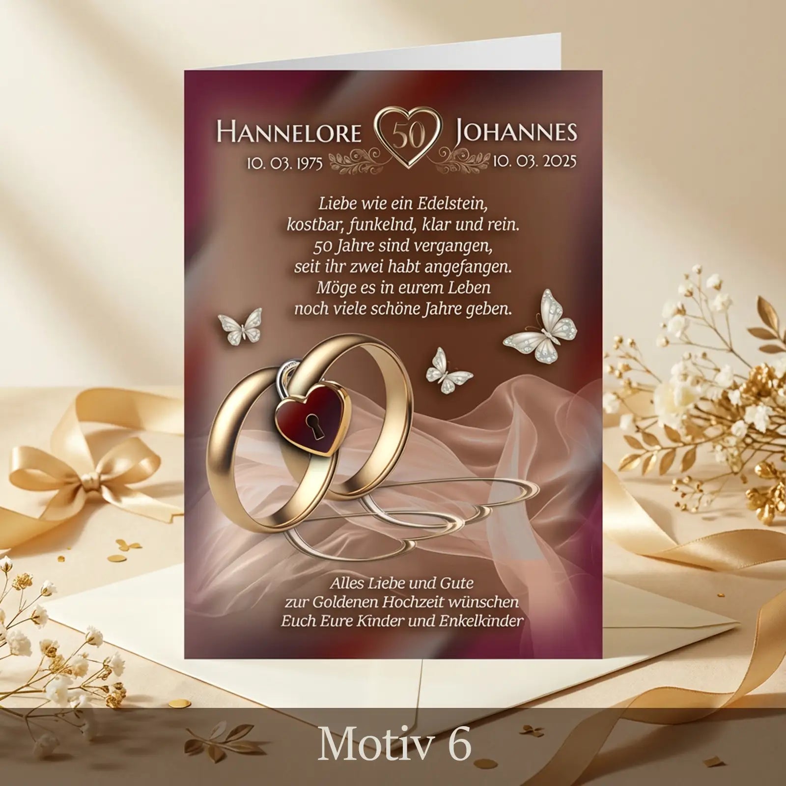 Geschenk zur Goldhochzeit: stilvolle Grußkarte mit Ringen und Schmetterlingen, für 50 Jahre Ehe. Romantik und Liebe zum 50. Hochzeitstag.