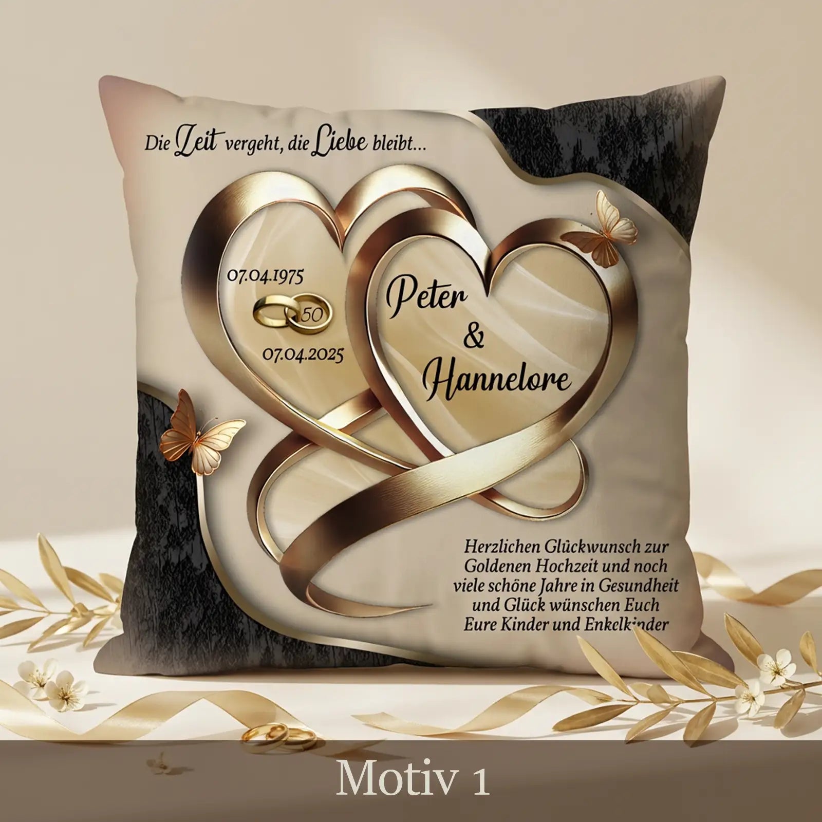 Geschenk zum 50. Hochzeitstag. Personalisiertes Kissen zur Goldhochzeit mit Namen und Datum.