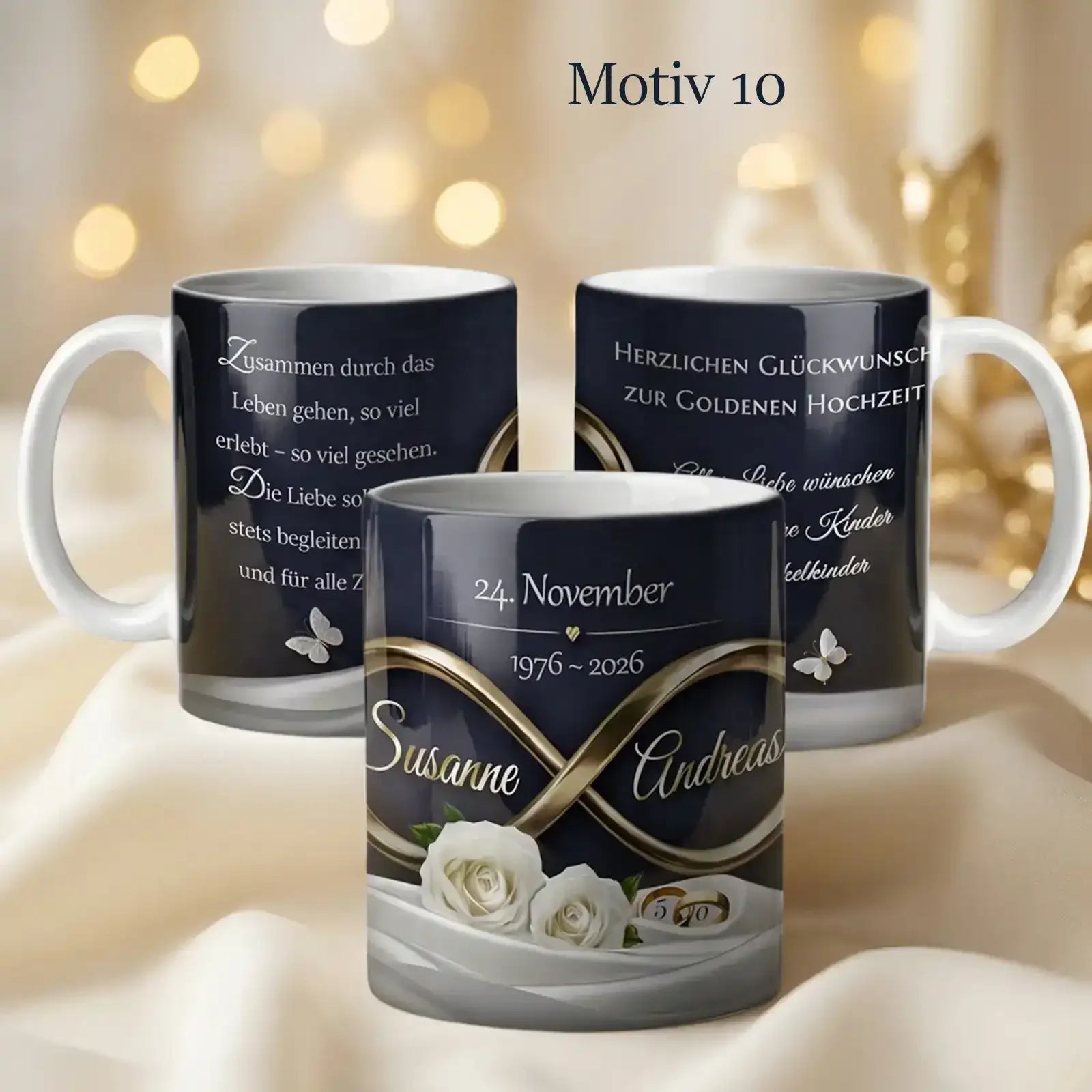Hochwertiges Geschenk zur Goldenen Hochzeit auf Tasse individuell personalisiert mit Namen, Datum und Motiv zum 50. Hochzeitstag