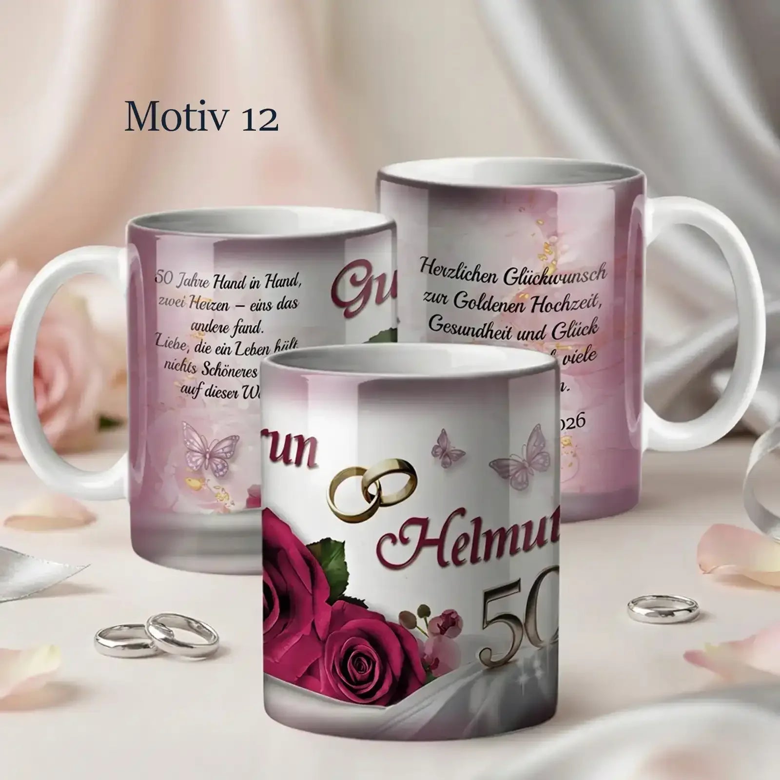 Hochwertiges Geschenk zum 50. Hochzeitstag als Tasse zur Goldenen Hochzeit individuell personalisiert mit Namen und Datum