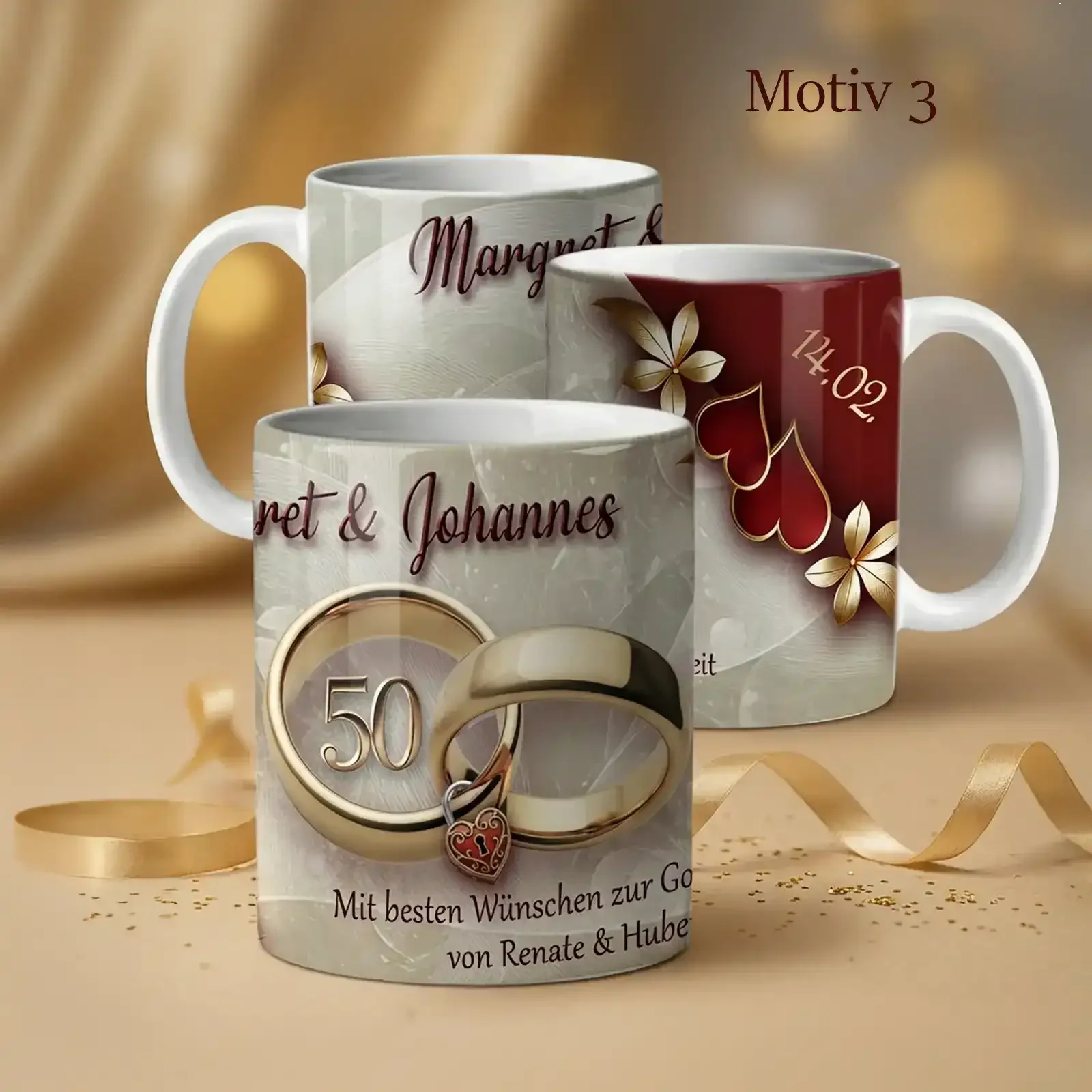 Eine Tasse als personalisiertes Geschenk zur goldenen Hochzeit mit Namen und Motiv zum 50. Hochzeitstag.