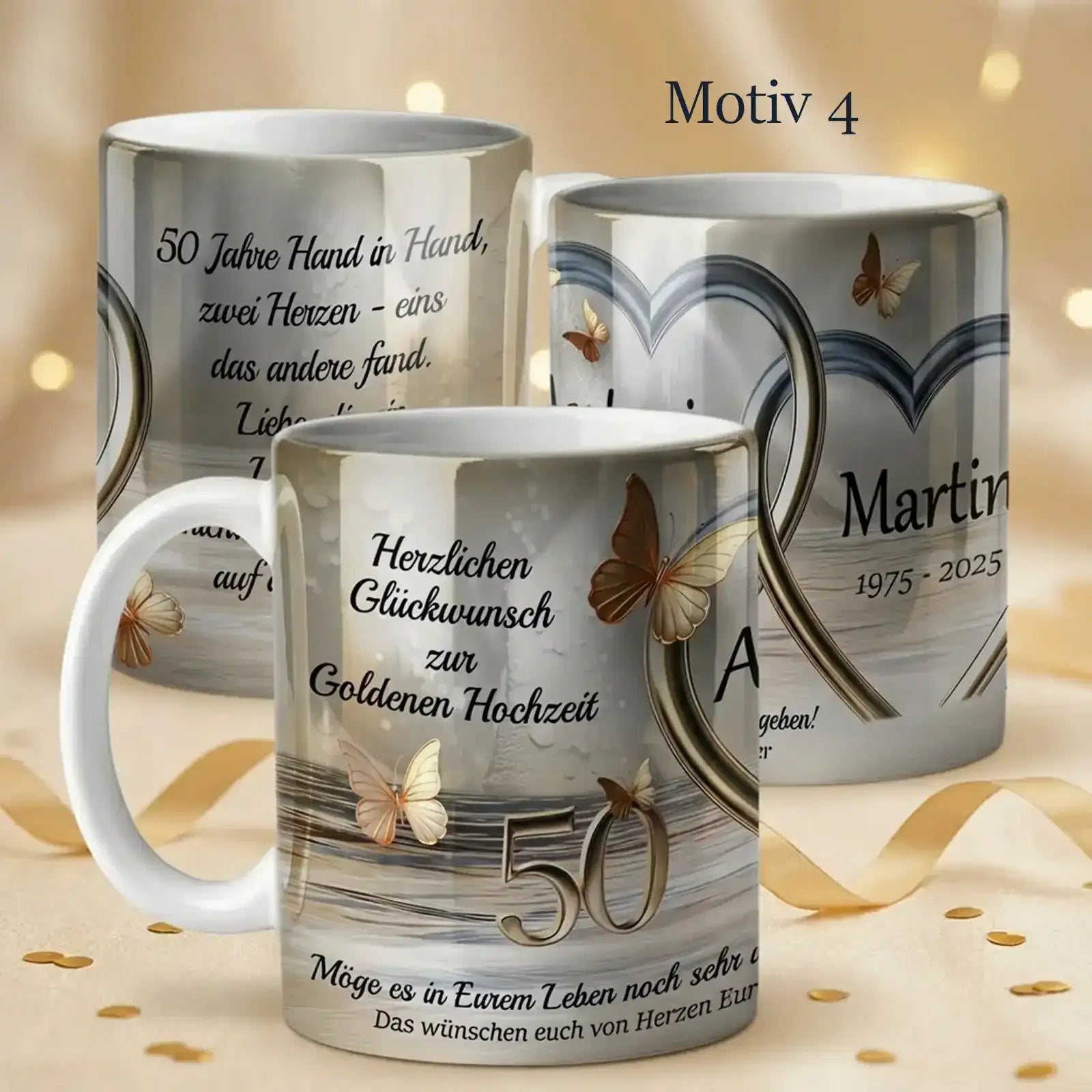 Dieses personalisierte Geschenk zur Goldhochzeit zeigt eine Tasse mit Namen zum 50. Hochzeitstag.