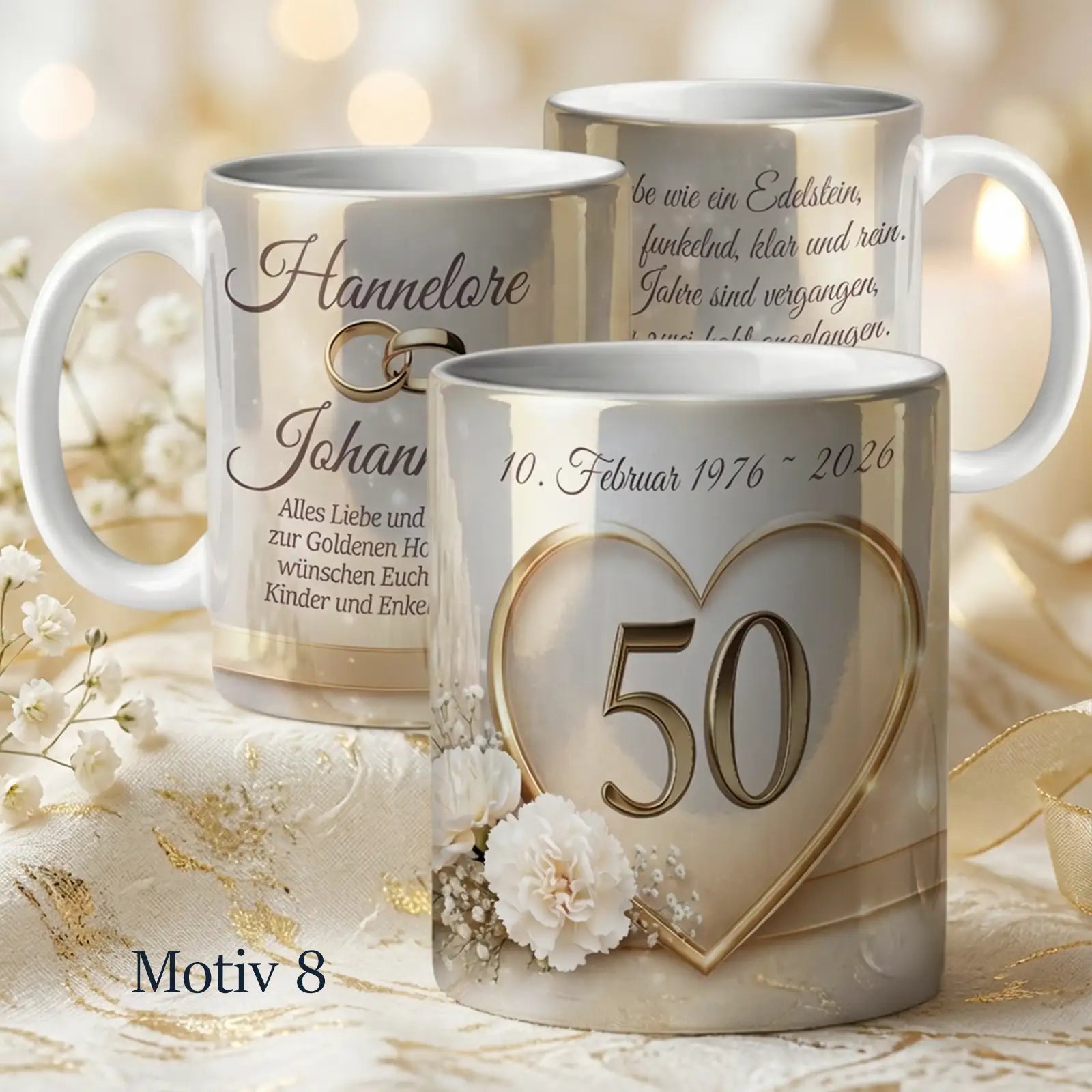 Diese Tasse wird als personalisiertes Geschenk zur Goldhochzeit zum 50. Hochzeitstag gestaltet.