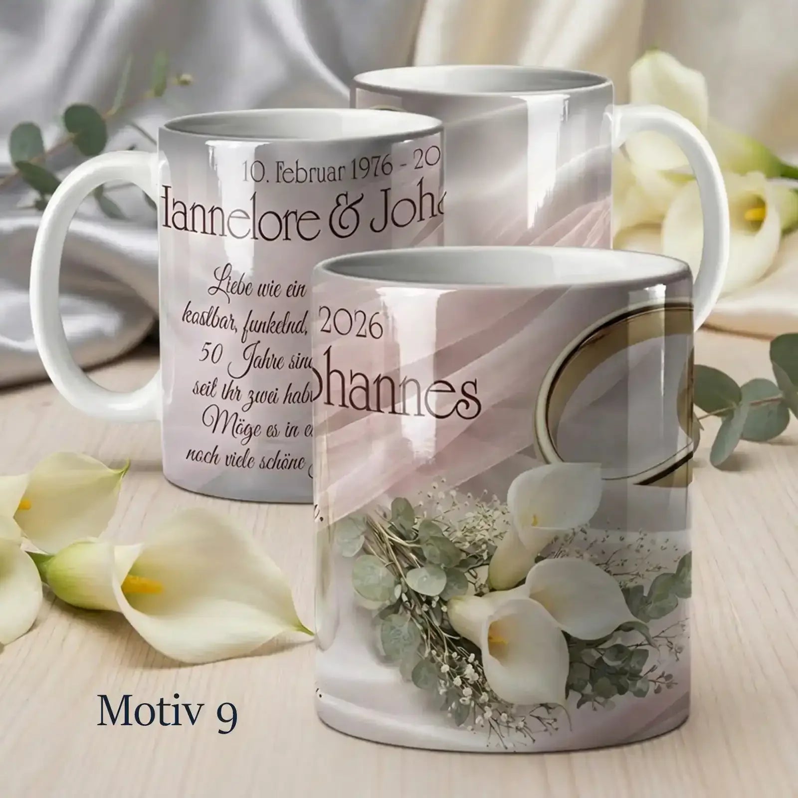 Eine besondere Tasse als personalisiertes Geschenk zur goldenen Hochzeit mit Namen zum 50. Hochzeitstag.