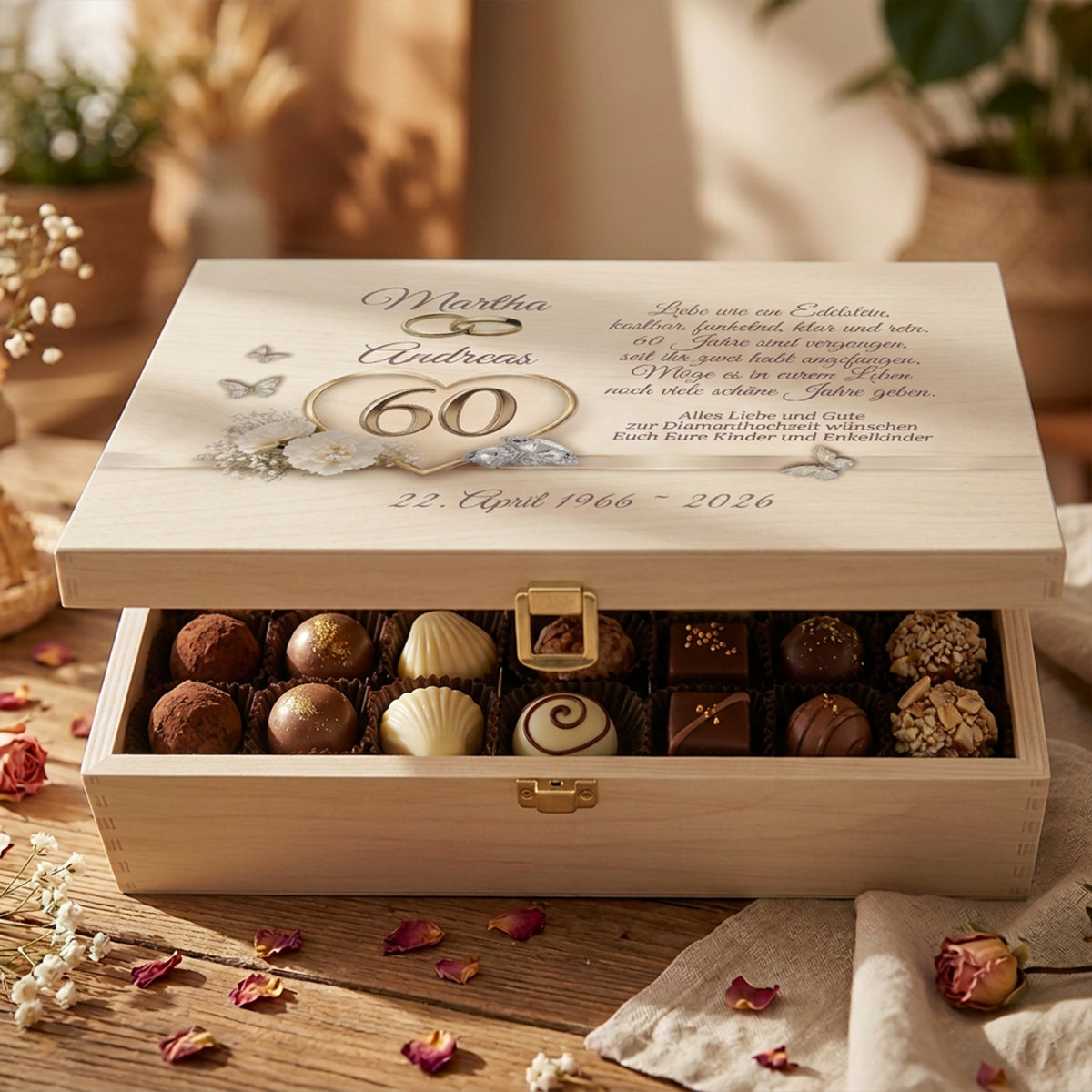 Personalisierte Holzbox zur Diamantenen Hochzeit mit Druck-Motiv 60 Jahre, Namen des Paares und individuellem Glückwunsch-Spruch. Offene Ansicht mit Verwendungsmöglichkeit