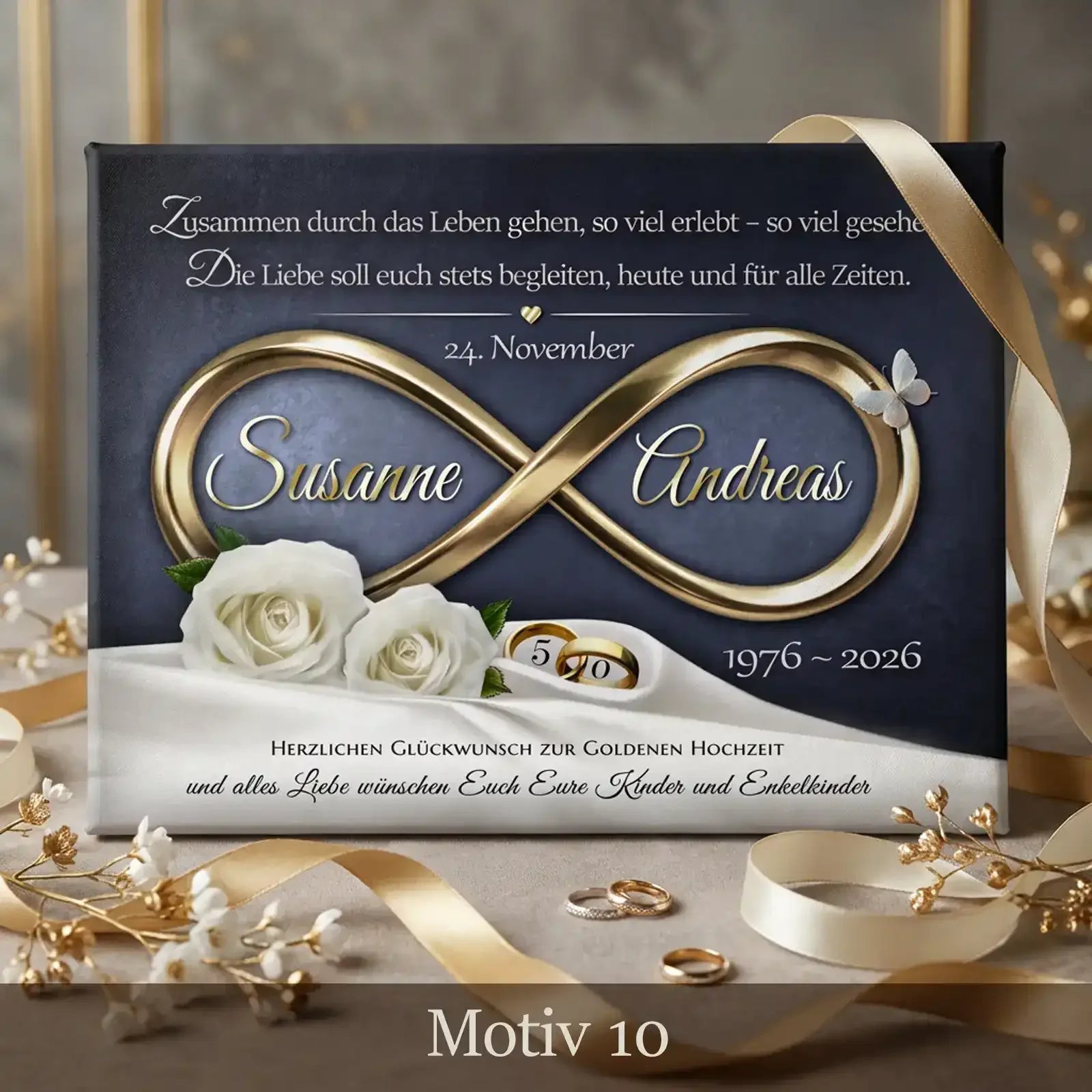 Hochwertiges Geschenk zum 50. Hochzeitstag als Leinwand zur Goldenen Hochzeit individuell personalisiert mit Namen und Datum