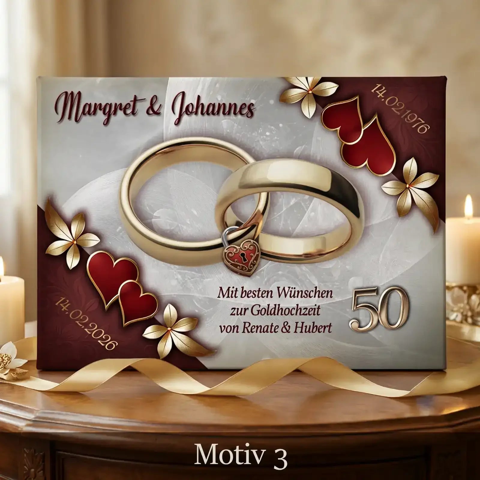 Exklusives Geschenk zum 50. Hochzeitstag. Leinwand zur Goldenen Hochzeit individuell bedruckt mit Namen und Datum.