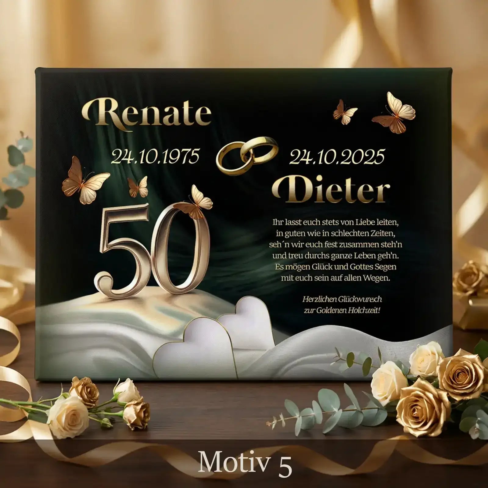 Besonderes Geschenk zum 50. Hochzeitstag. Leinwand zur Goldenen Hochzeit personalisiert mit Namen und Datum.