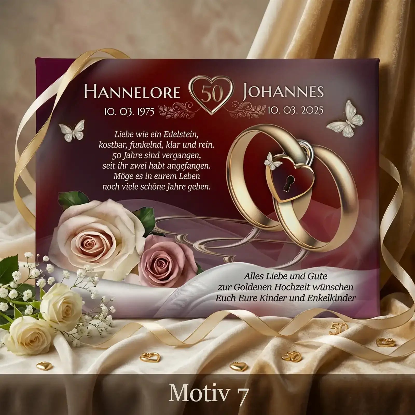 Einzigartiges Geschenk zum 50. Hochzeitstag. Leinwand zur Goldenen Hochzeit personalisiert mit Namen und Datum.