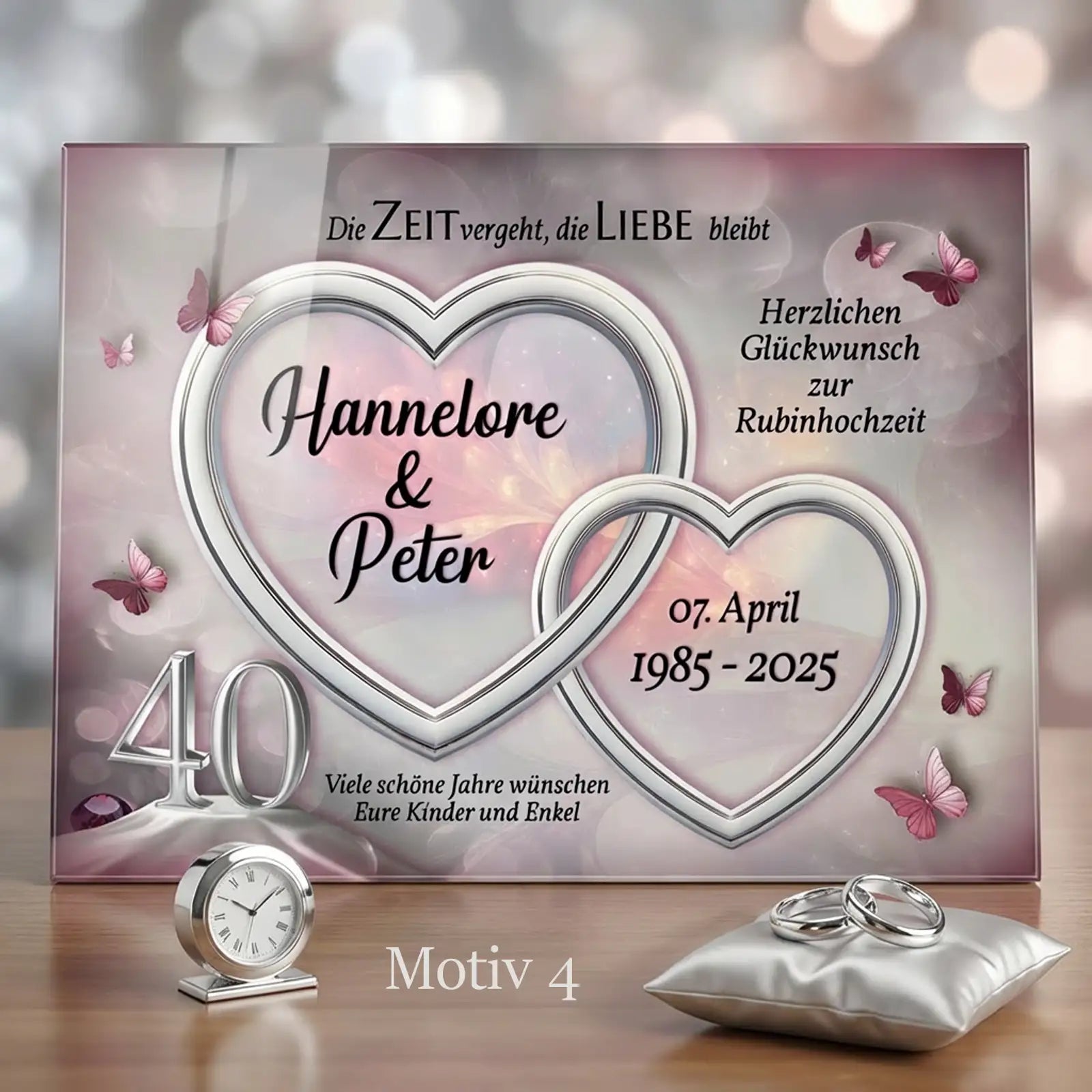 Geschenk zur Rubinhochzeit – Personalisiertes Acrylglasbild zum 40. Hochzeitstag mit Herzen und Namen Hannelore und Peter