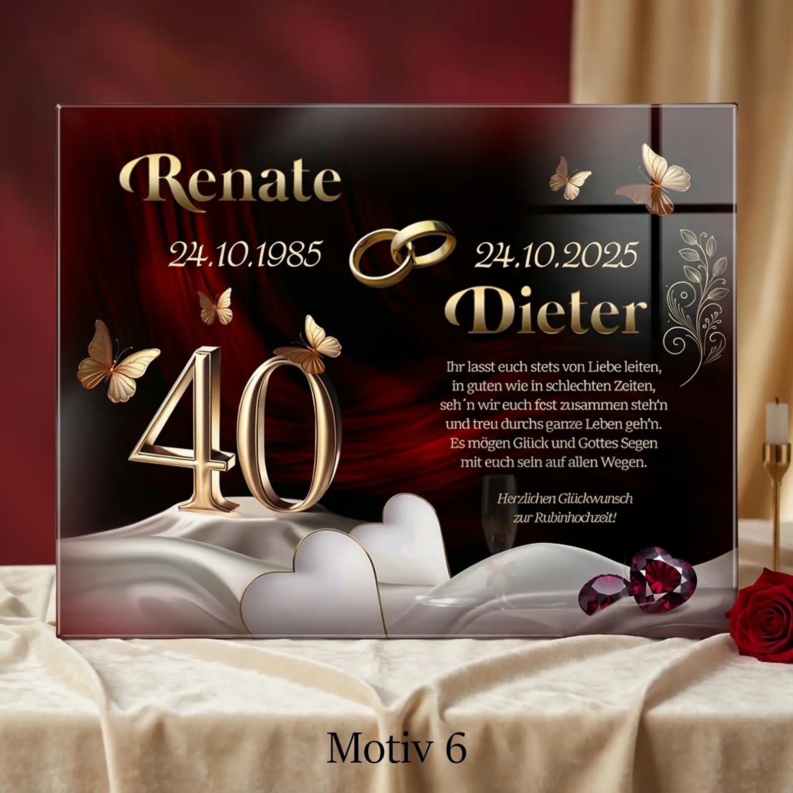 Geschenk zur Rubinhochzeit – Personalisierte Acrylglasbilder zum 40. Hochzeitstag mit Namen und Datum für den 40. Hochzeitstag.
