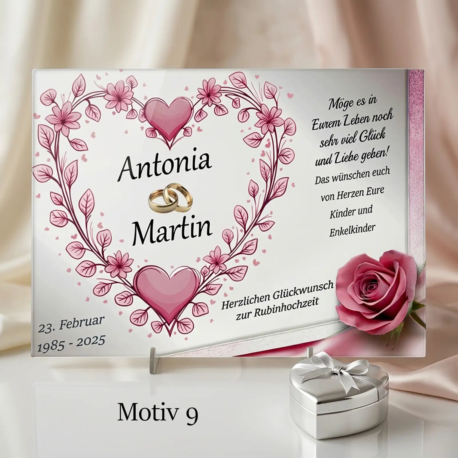 Personalisierte Acrylglasbilder als Geschenk zur Rubinhochzeit für Antonia und Martin mit Herzmotiven. Einzigartig zum 40. Hochzeitstag