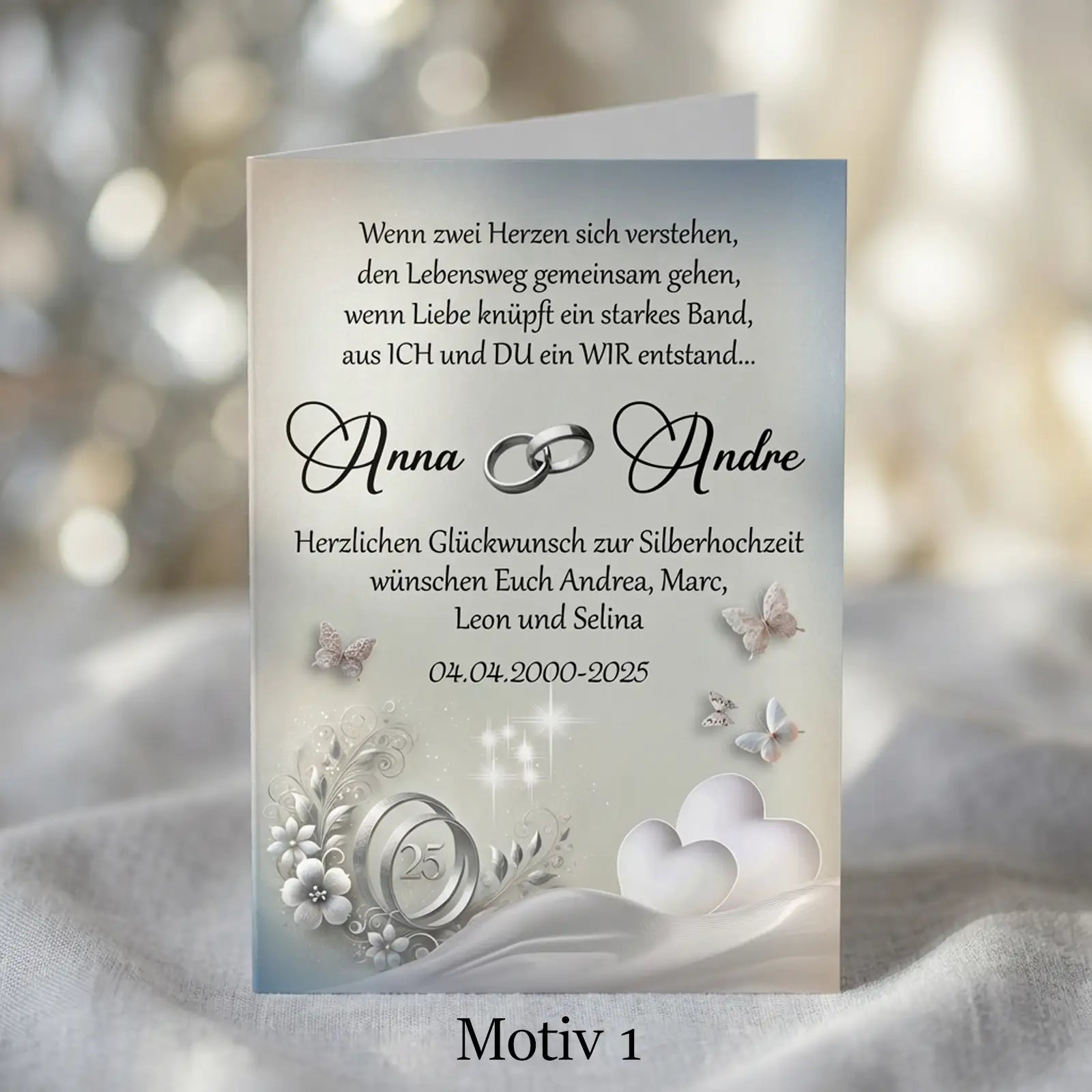 Geschenk zur Silbernen Hochzeit, bezaubernde Grußkarte zum 25. Hochzeitstag. Personalisiert mit Namen, Hochzeitsdatum und Widmung. Motiv1