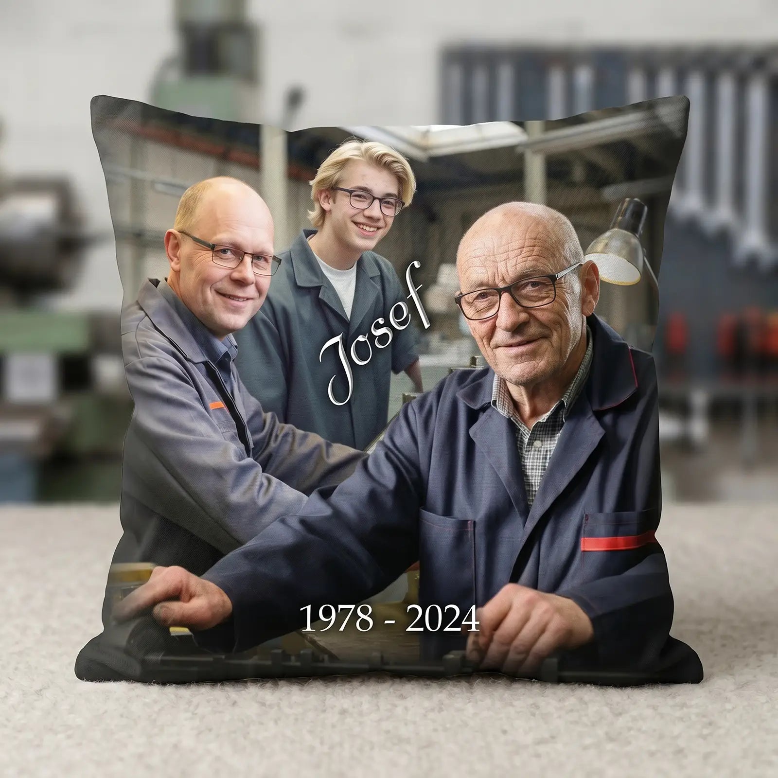 Geschenk für jeden Anlass: individuelles Kissen mit Bildern von Josef und Familienmitgliedern, 1978 - 2024.