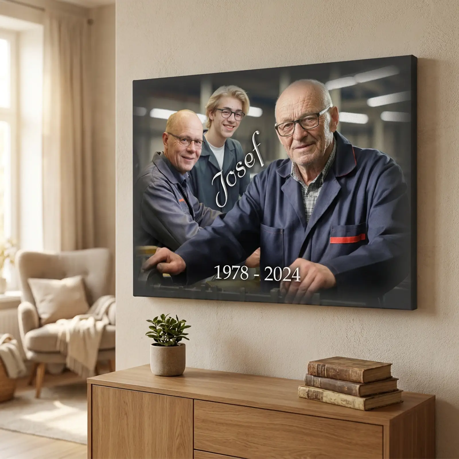 exklusiv gestaltete Leinwand mit Foto und Namen als personalisiertes Geschenk zur Pensionierung, ideal als wertvolle Erinnerung