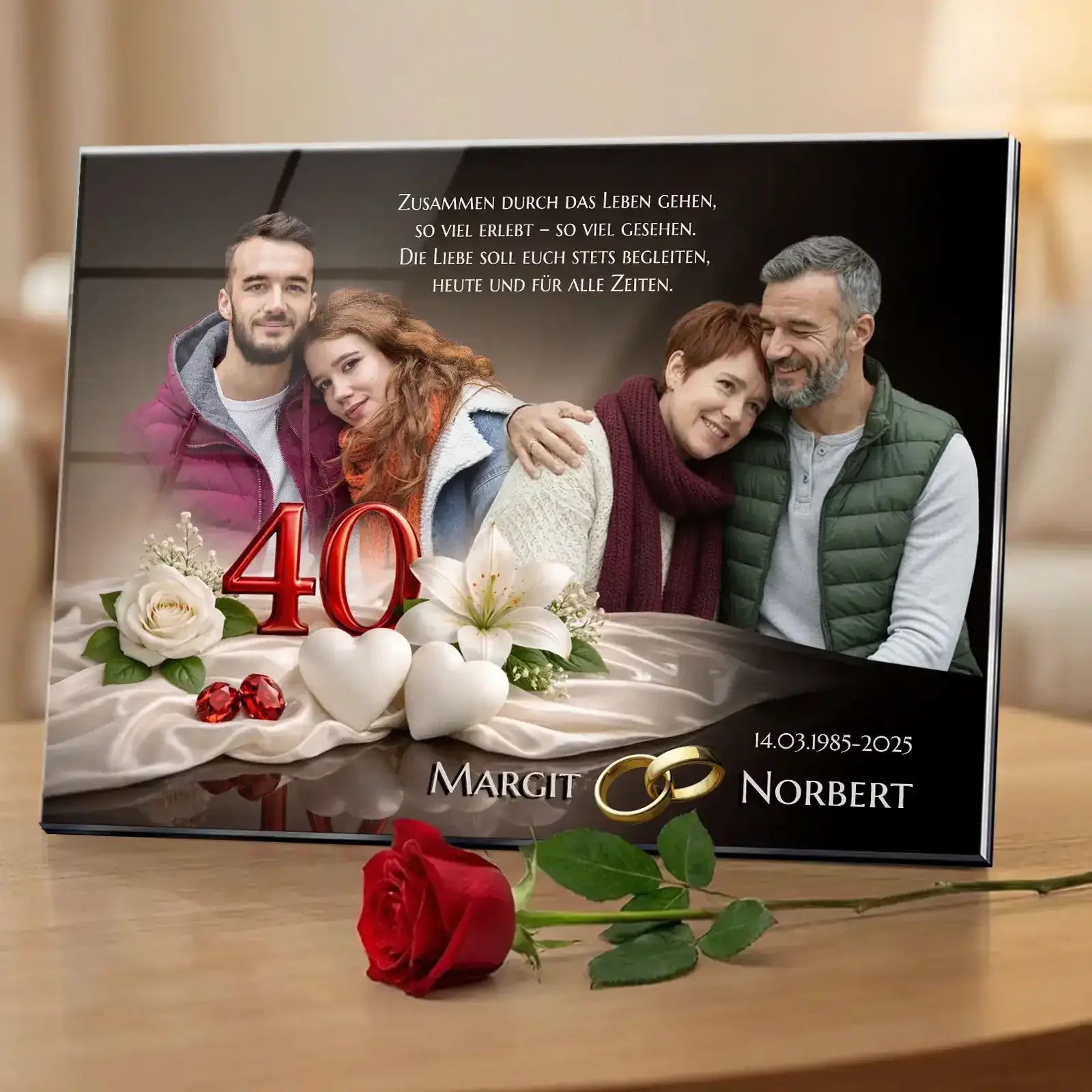 Geschenk zur Rubinhochzeit - individuell personalisiert zum 40. Hochzeitstag. Acrylglasbild mit den Namen Margit und Norbert.