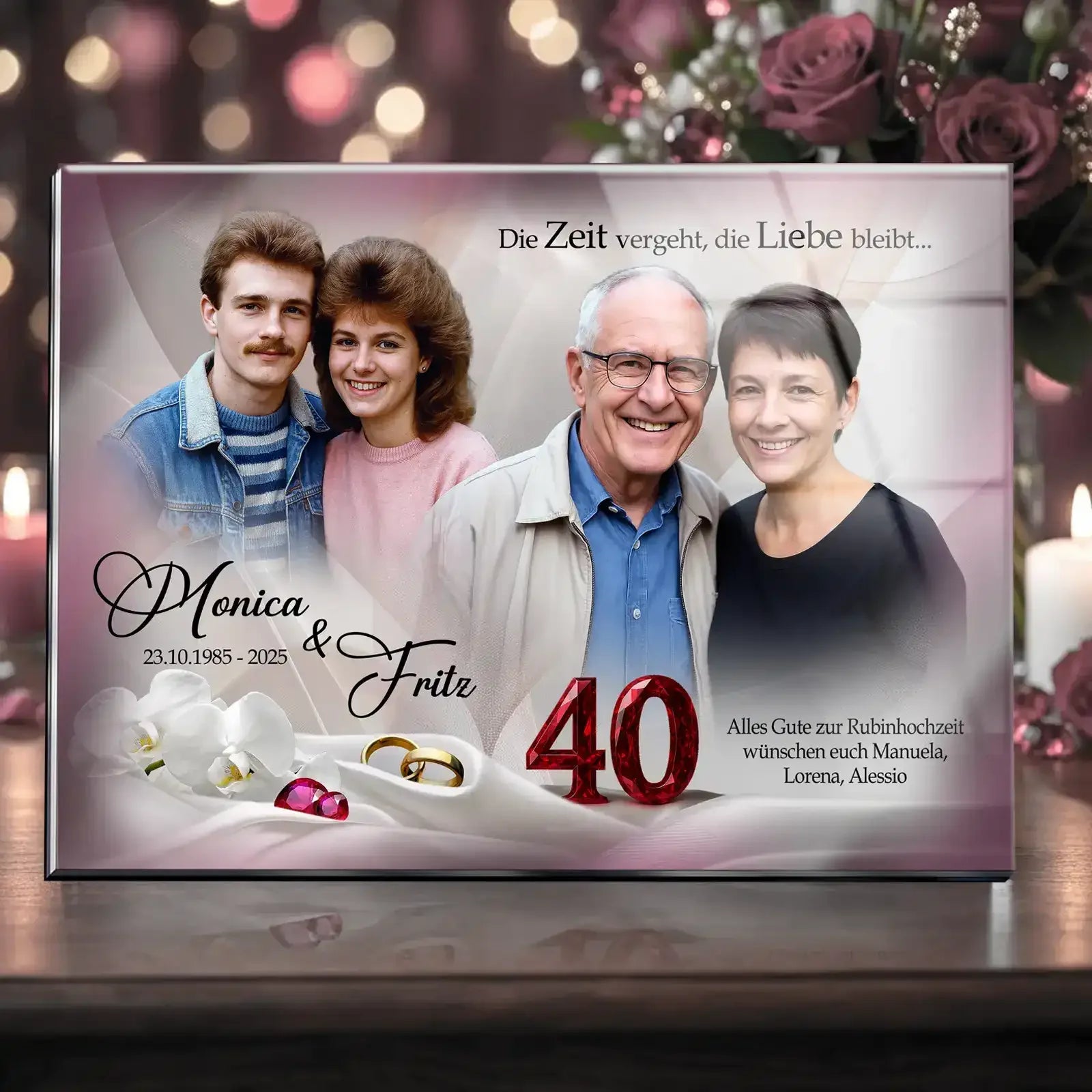 Geschenk zur Rubinhochzeit - persönlich und exklusiv zum 40. Hochzeitstag. Acrylglasbild mit den Namen Monica und Fritz