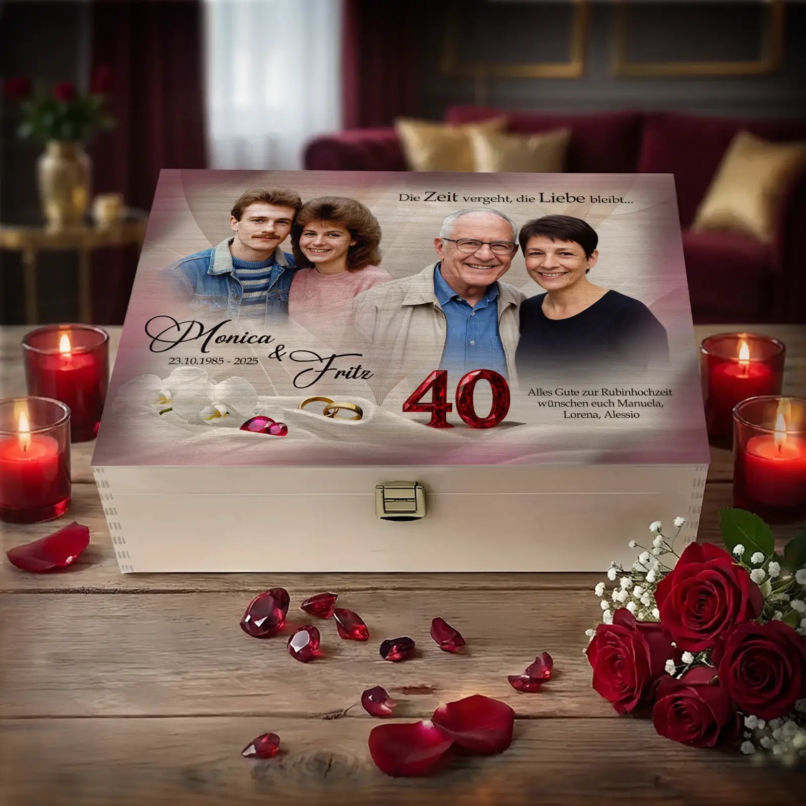 Geschenk zur Rubinhochzeit: Personalisierte Holzbox mit Foto damals und heute zum 40. Hochzeitstag