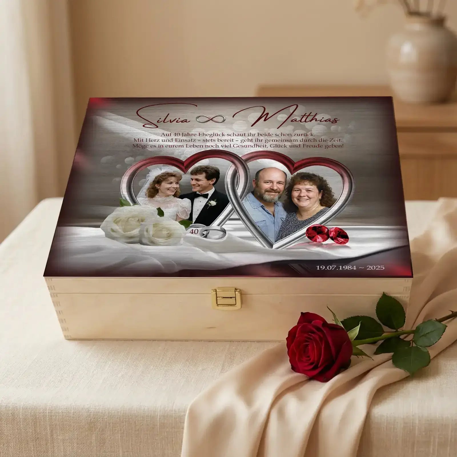 Holzbox zum 40. Hochzeitstag als Geschenk zur Rubinhochzeit mit Foto damals und heute
