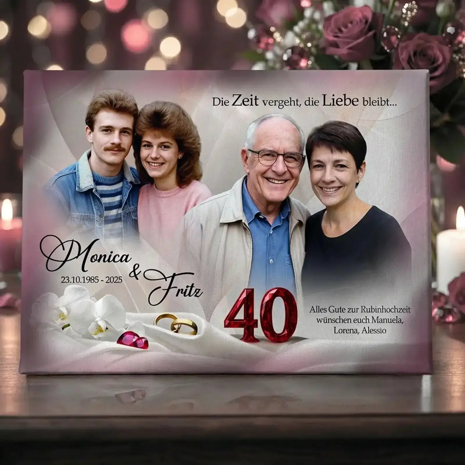 Exklusives Geschenk zum 40. Hochzeitstag. Speziell gestaltet zum Thema Rubinhochzeit mit Fotos und Namen. Persönlich und einzigartig zum 40. Hochzeitstag.