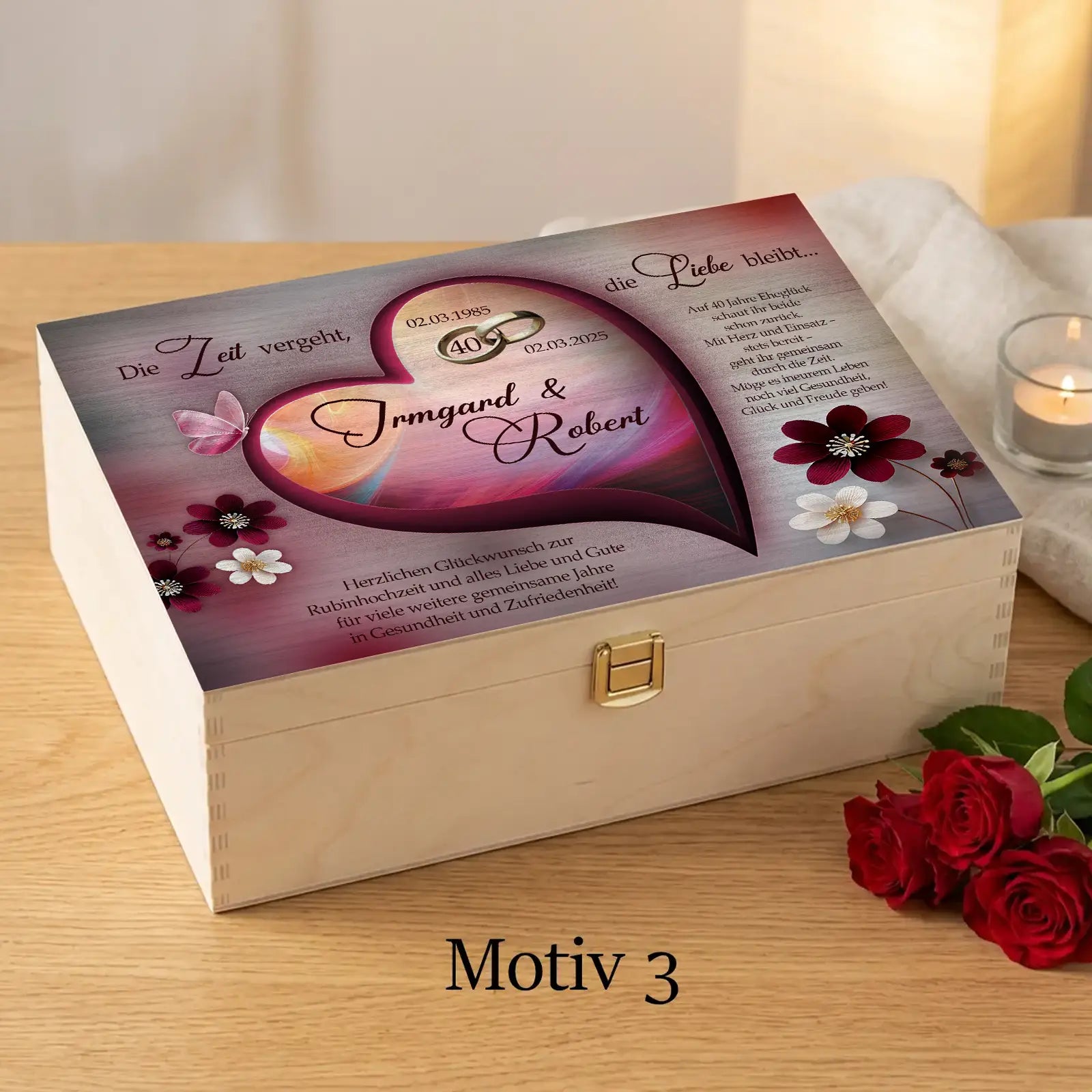 Eine bezaubernde Holzbox als personalisiertes Geschenk zur Rubinhochzeit für den 40. Hochzeitstag mit individuellem Design.