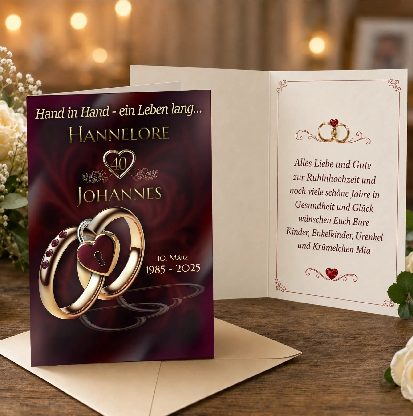 Personalisiertes Geschenk zur Rubinhochzeit – eine Glückwunschkarte zum 40. Hochzeitstag mit Namen, Datum und individuellem Design.