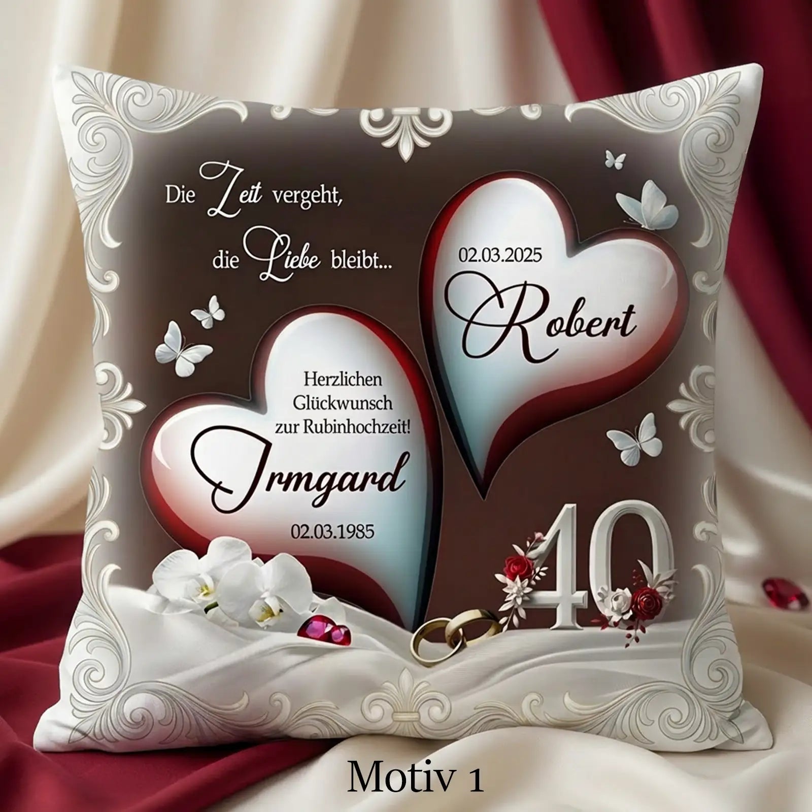 Personalisiertes Geschenk zum 40. Hochzeitstag. Kissen zur Rubinhochzeit mit Namen und Datum individuell gestaltet.