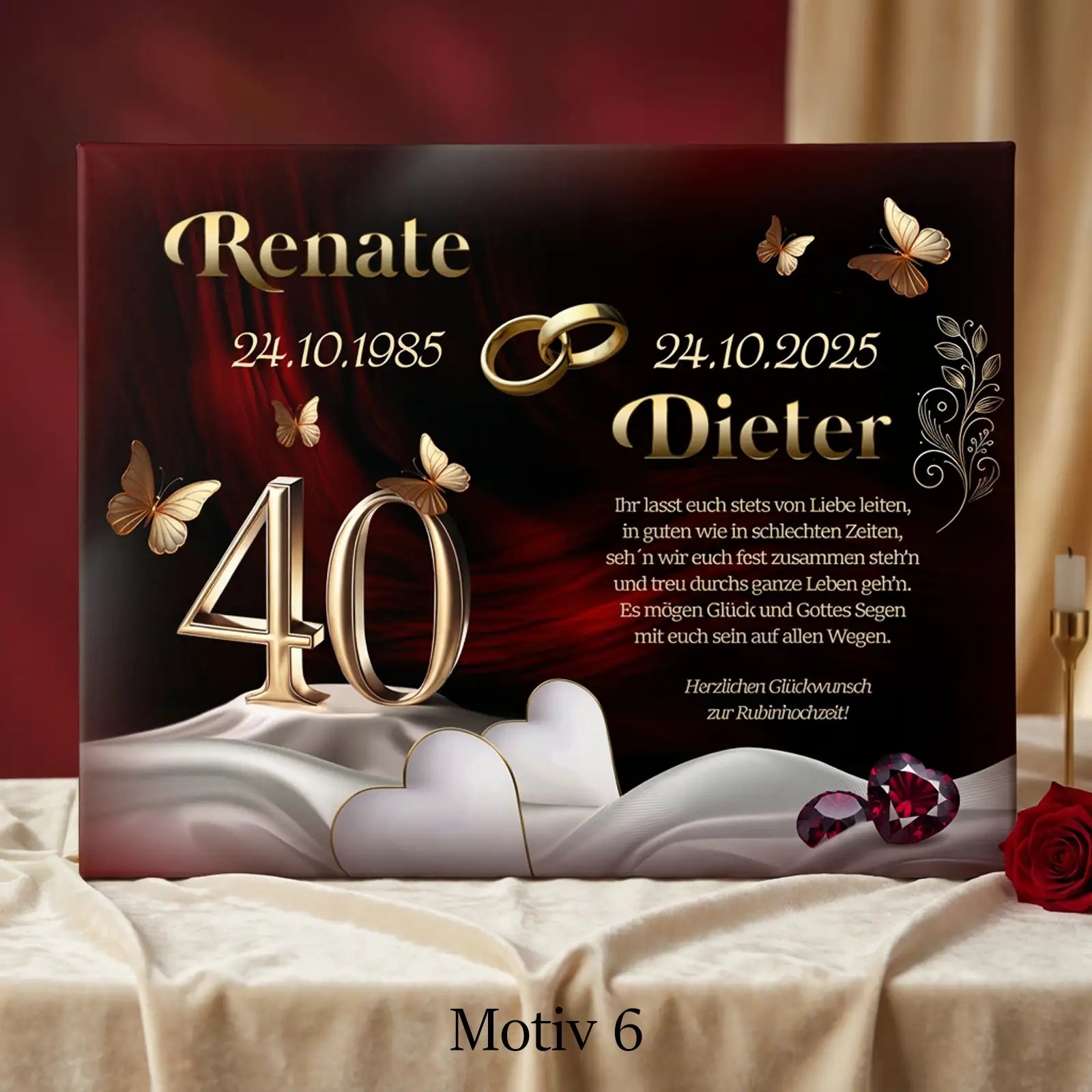 Hochwertiges Geschenk zum 40. Hochzeitstag. Leinwand zur Rubinhochzeit individuell personalisiert mit Namen und Datum.