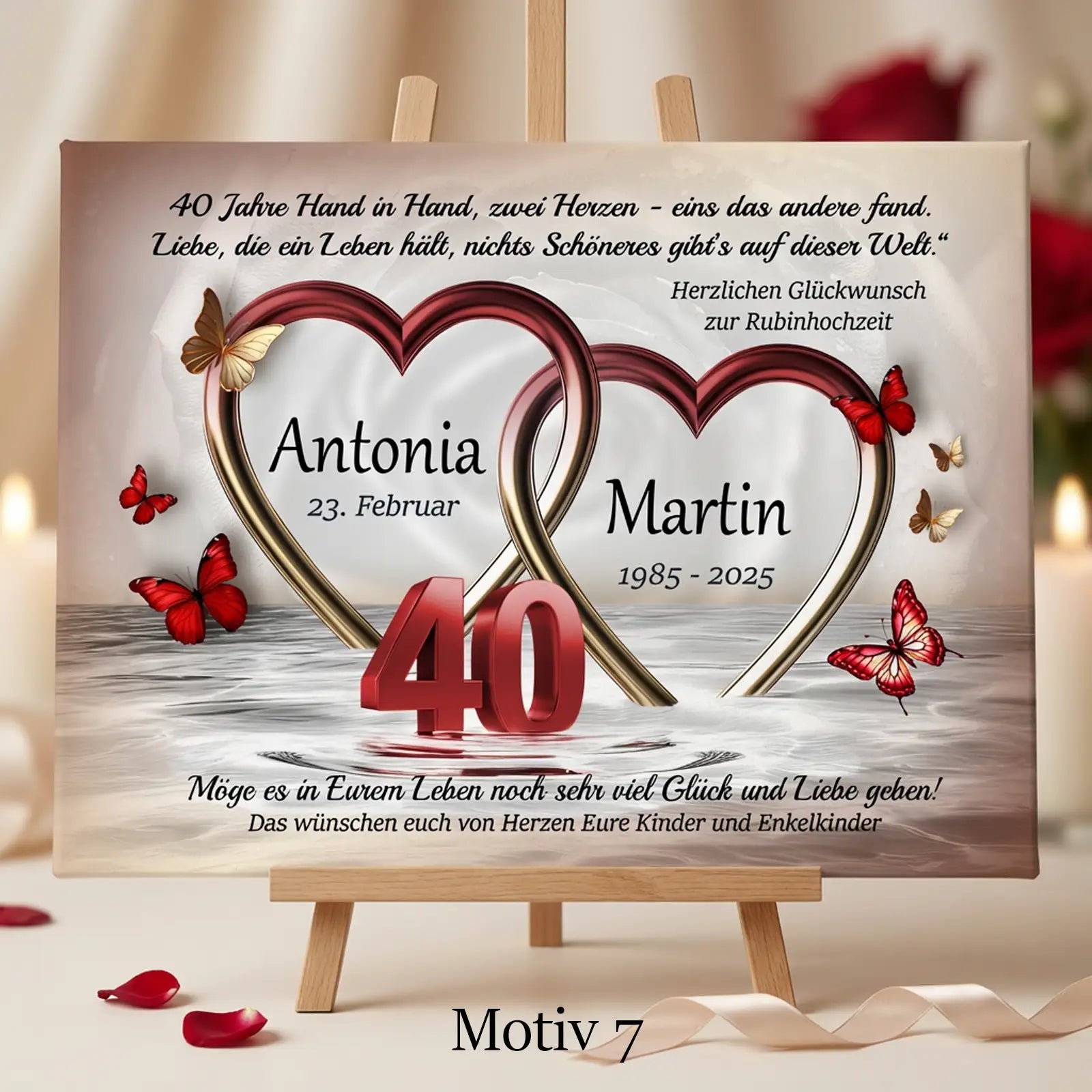 Geschenk zum 40. Hochzeitstag. Individuelle Leinwand zur Rubinhochzeit mit Namen und Datum gestaltet.