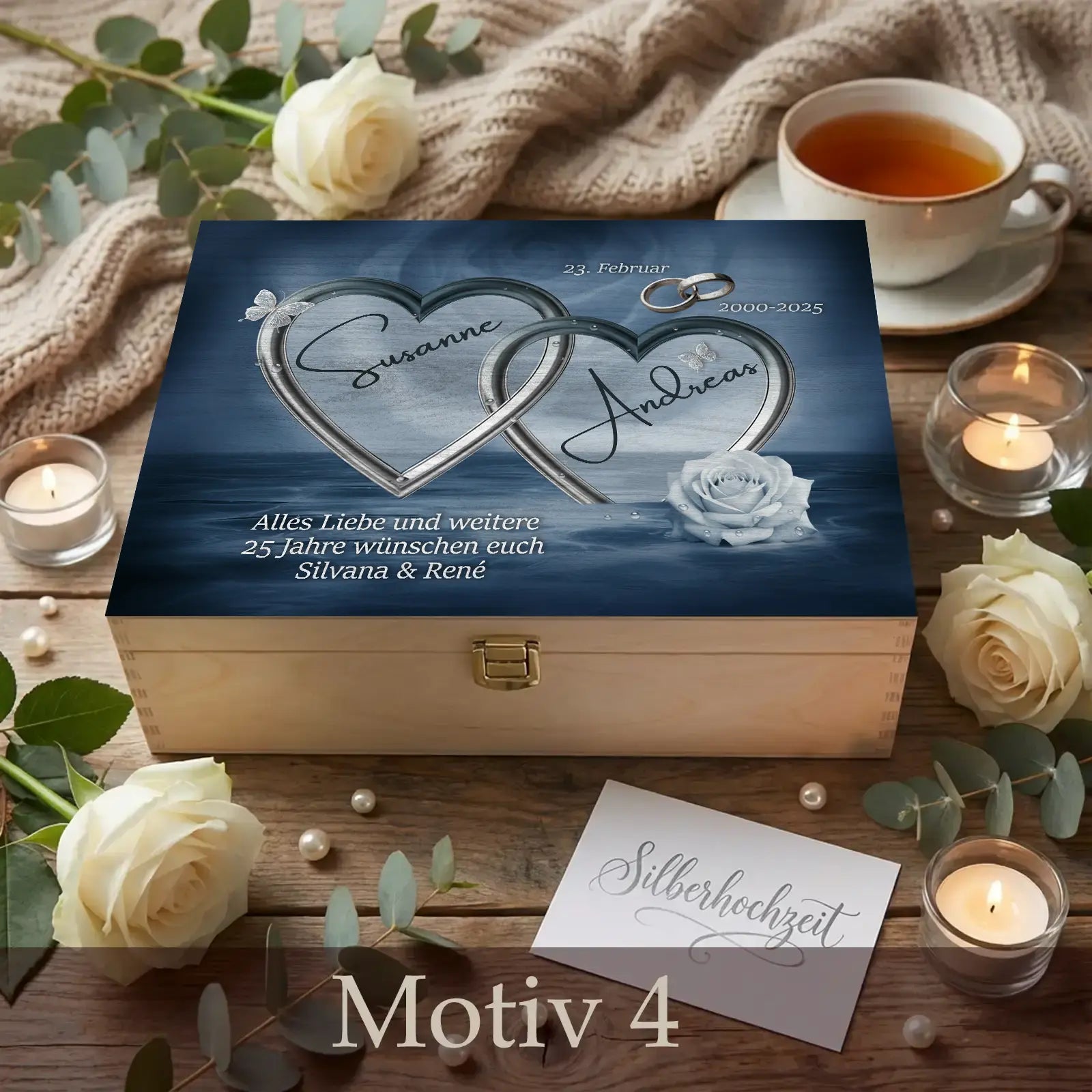 Diese hochwertige Holzbox ist ein personalisiertes Geschenk zur Silberhochzeit und eignet sich perfekt zum 25. Hochzeitstag.